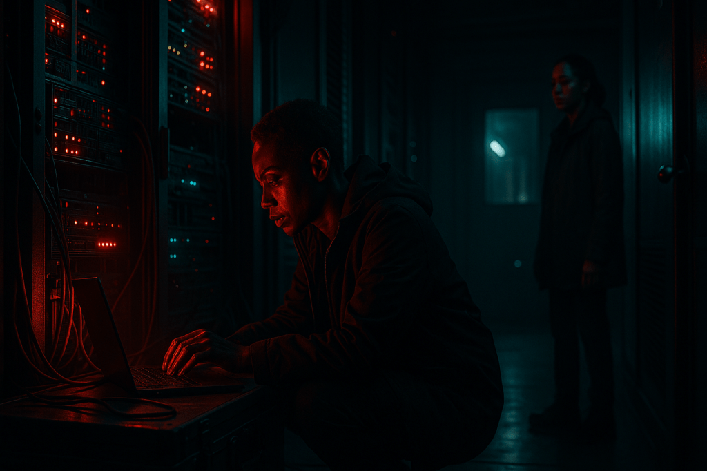 CINEMATIC PHOTOREALISTIC IMAGE, HORIZONTAL 16:9 — dim warehouse interior lit by server racks glowing red and teal. Aisha Reynolds crouches beside a mainframe, typing furiously on a laptop, her short natural hair catching the red warning light. Lena Carter stands guard by the door, eyes fixed toward a faint glow in the hallway. Tangled cables, metal panels, and flickering LEDs surround them. The air feels metallic and alive. A security drone’s reflection faintly visible in polished floor plating. Realistic lighting interplay of red emergency glow and cool blue monitor light. Shallow depth of field with cinematic blur. Sweat glints on their foreheads, conveying tension. Film grain, teal and amber tones, documentary realism over gloss, shot through a digital cinema lens capturing real human emotion, not stylized action.