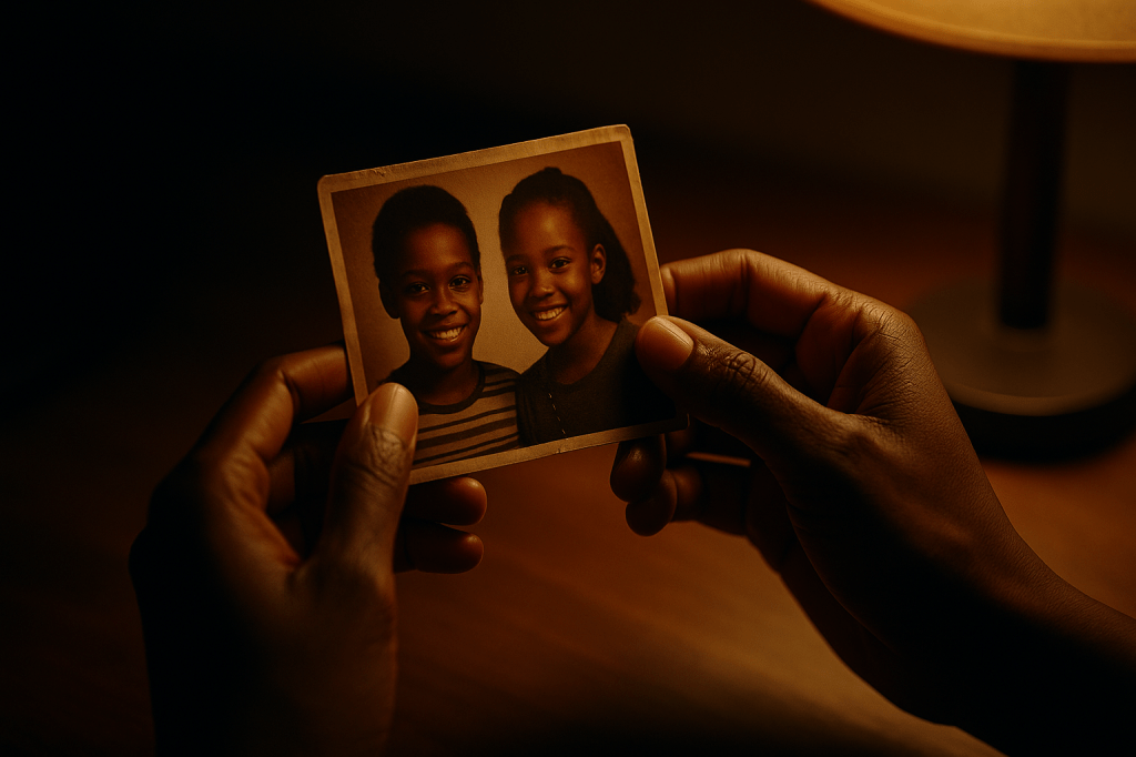 PHOTOREALISTIC CINEMATIC CLOSE-UP, HORIZONTAL 16:9 — a close shot of Aisha Reynolds’ hands holding a small, worn photograph of two smiling Black girls from years ago. Her dark skin glows in soft amber light from a desk lamp. The background fades into shadow, shallow depth of field isolating the moment. The paper edges are frayed; fingerprints visible; one tear stain reflects faintly in the lamplight. Aisha’s fingers tremble, showing veins, subtle realism in lighting and texture. The mood is tender and mournful. Natural tones, visible imperfections, lifelike lighting, cinematic realism over beauty. Soft film grain, teal and amber color contrast, shot on a digital cinema camera with realistic optical depth, real professional Black woman, ordinary hands with natural aging and warmth, emotional intimacy not stylization.