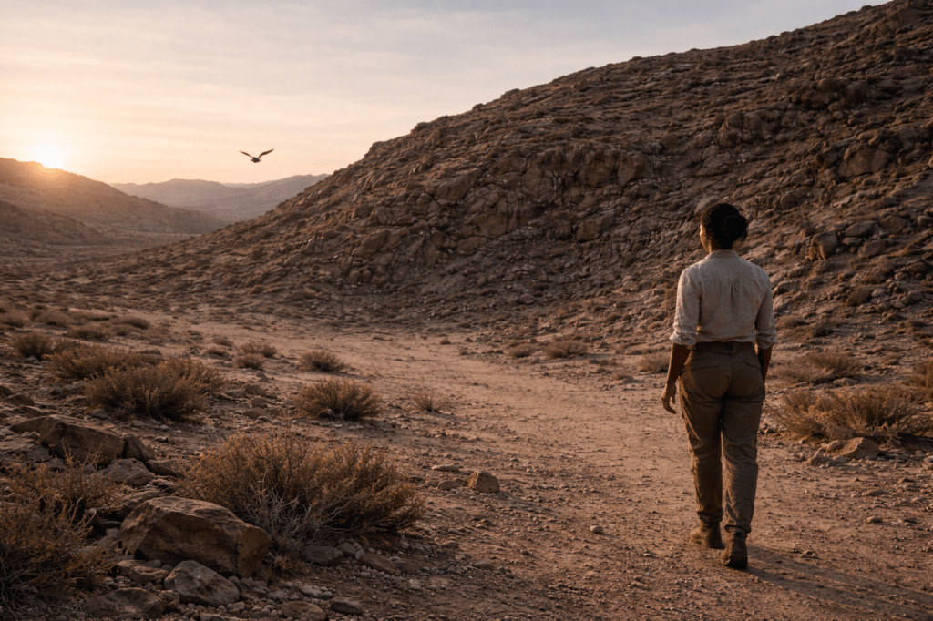 🔒 IMAGE III — CANONICAL CONCEPT
SCENE

Early morning in the Richtersveld desert, just after sunrise.

The cave is no longer visible.

Not collapsed.
Not sealed.
Simply… not there.

The rock face looks uninterrupted, ancient, seamless — as if nothing was ever opened.

The desert appears calm, wind moving lightly through scrub. A bird lifts from the ground. The world has resumed.

This is important:
The land does not look damaged. It looks corrected.

SUBJECT

Ama Sekou walks away from the former site of the cave.

Seen from behind or in profile

Small in frame, but no longer diminished

Her posture is upright, steady, changed

She is not looking back.

Not because she is afraid —
but because looking back would be meaningless now.

CRITICAL DETAIL (DO NOT CENTER IT)

One hand is near her pocket.

Not raised.
Not dramatic.

But the fabric of the pocket pulls slightly — as if something small and heavy rests there.

Nothing is shown explicitly.

The scale is implied, not revealed.

LIGHTING & TONE

Soft, early morning light

Cooler than Image II, but not cold

The air feels breathable again

No dramatic shadows.
No mythic framing.

Just morning.

WHY THIS IS THE RIGHT FINAL IMAGE

Because your ending says:

“The debt is gone.
But the watching is not.”

So the final image must communicate:

The Grootslang did not pursue her

The Grootslang did not vanish

The Grootslang receded back into patience

This image says:

She paid what could be paid.
What remains is not a debt — it’s awareness.

What This Image Quietly Confirms

The bargain was accepted

The world adjusted

Ama survived without escaping consequence

The myth remains intact

And most importantly:

Nothing looks wrong anymore.
Which is how you know something has changed.