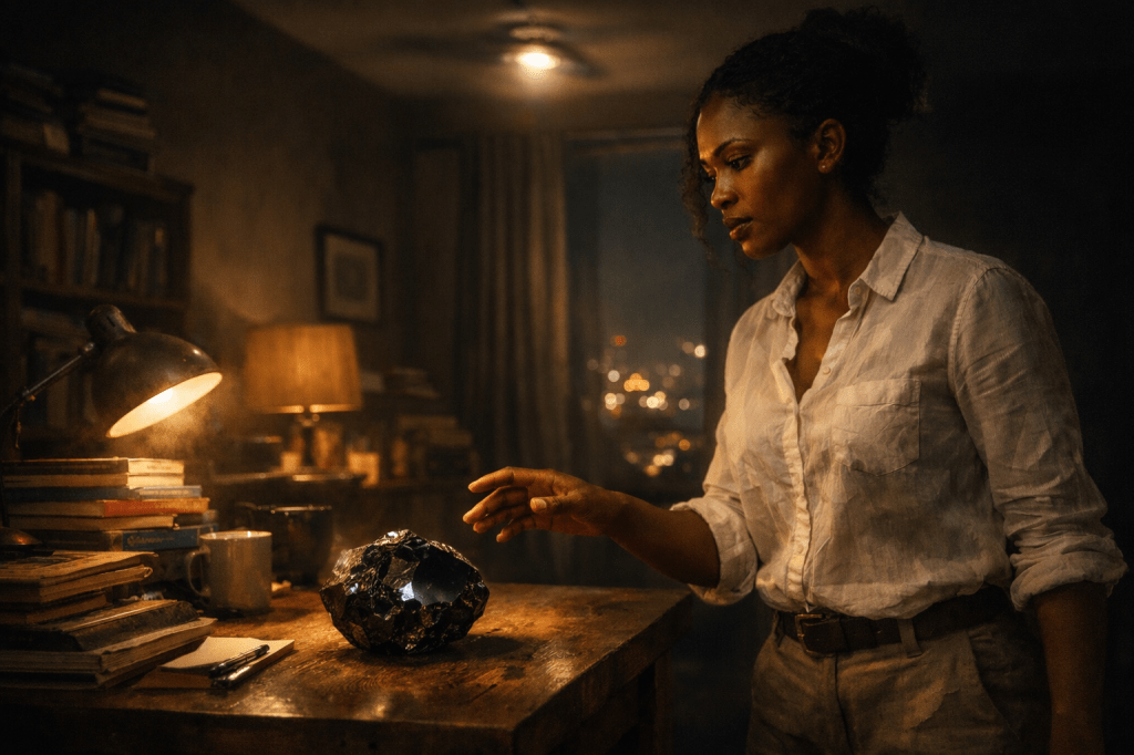 🔒 LOCKED IMAGE PROMPT

Threshold Plate — Contact Deferred

FORMAT & FRAMING

Single, horizontal cinematic still (16:9)

Photorealistic, grounded realism

Observational camera, eye-level, medium distance

No stylization, no fantasy glow, no genre signaling

Mood: quiet unease, suspended decision

SCENE

A dimly lit Johannesburg apartment at night.
The space is cluttered but lived-in—warm earth-toned walls, worn furniture, and books stacked haphazardly on a wooden desk. A desk lamp casts a localized amber glow, while faint city lights filter through a partially drawn curtain in the background. The apartment feels intimate but unsettled, as if something in the room has disrupted its normal equilibrium.

The right side of the frame falls away into deeper darkness, creating negative space. The room appears to recede from the subject rather than enclose her.

SUBJECT

Ama Sekou — a Ghanaian–South African woman in her early thirties.

Dark brown skin

Strong cheekbones, full lips

Natural, textured hair pulled into a loose, practical bun

No makeup or stylization; grounded, realistic appearance

She stands near the desk, angled slightly toward it but not fully committed.
Her posture is tense but controlled.
One hand is extended, fingers hovering just inches above the object on the desk—hesitant, restrained, mid-decision.

Her expression is inward, thoughtful, wary. She is not afraid; she is assessing.

WARDROBE

Simple, slightly wrinkled white button-down shirt

Worn linen slacks

Practical, lived-in clothing with no ornamentation

Sleeves casually rolled, conveying an ordinary evening interrupted

OBJECT (CRITICAL)

On the desk sits a rough, unpolished black diamond.

Irregular, heavy, and visually dense

Most surfaces are jagged and raw, like a natural mineral

One edge is unnaturally smooth and flat, implying deliberate intervention

Specular highlights behave inconsistently across the surface, as if light does not fully obey physical rules when touching it

The diamond emits a faint, internal pulse—not glowing, not magical—suggesting latent energy rather than spectacle

The object feels intrusive, out of place, and quietly authoritative.

LIGHTING & ATMOSPHERE

Primary light source: desk lamp casting warm, localized illumination

Secondary light: faint city glow through curtains

Overhead ceiling light flickers subtly; captured mid-instability with faint motion blur

Shadows in corners are slightly too deep and inconsistent, suggesting the room is no longer fully stable

The air feels unnaturally still, as if sound and motion have been dampened.

COLOR & TONE

Warm browns, ambers, and muted earth tones

Soft contrast, cinematic color grading

No high saturation, no fantasy palette

Darkness used as absence, not threat

EMOTIONAL & NARRATIVE INTENT

This image depicts the moment before contact.

No action occurs

No consequence is shown

The tension comes from restraint, not danger

The image should feel like a threshold—
a pause that alters everything simply by existing.