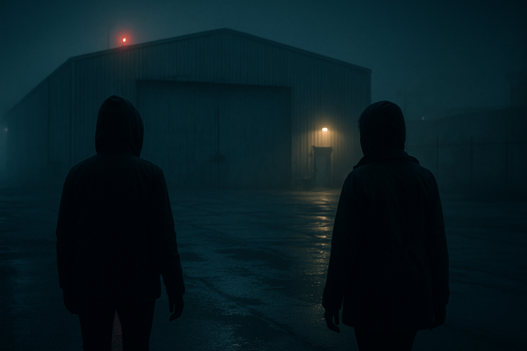 HORIZONTAL CINEMATIC PHOTOREALISTIC IMAGE, 16:9 — wide nighttime shot of a fog-shrouded industrial district. Lena Carter and Aisha Reynolds, both in dark jackets and hoods, approach a massive metal warehouse. Pale moonlight glints off puddles on cracked concrete. A distant red security light flickers near the roofline. Mist rises around their feet as they walk, shoulders tense, small figures in a cold mechanical world. Cinematic realism: realistic fog diffusion, reflections on wet pavement, subtle texture of worn asphalt, visible breath in the cold. Cool color palette with teal-blue dominance, touches of amber light in the distance. Sharp depth of field foregrounding their silhouettes, realistic proportions, natural posture, gritty urban thriller atmosphere.