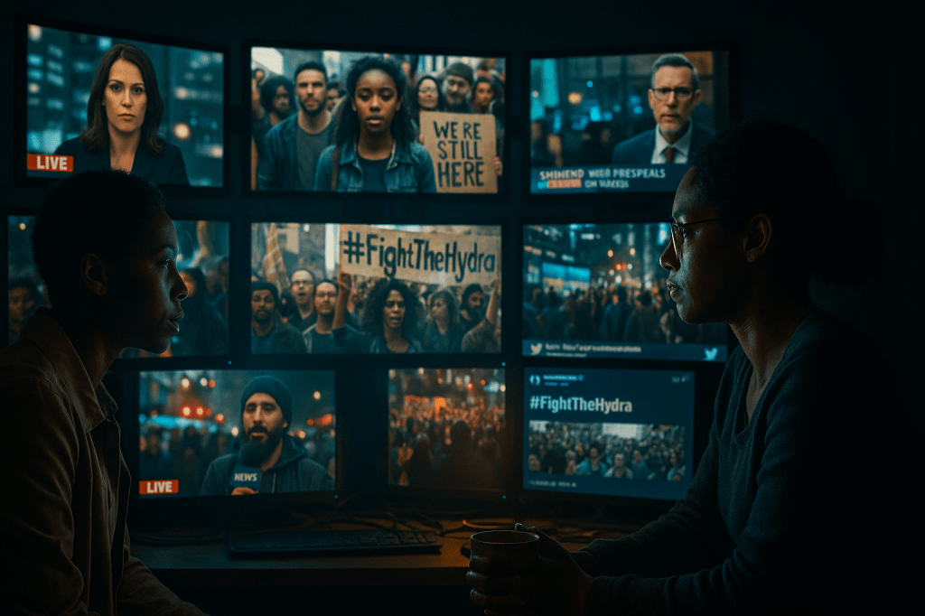 CINEMATIC PHOTOREALISTIC COMPOSITE IMAGE, HORIZONTAL 16:9 — wide shot of a dark room lit by multiple monitors showing news footage, livestreams, and tweets from around the world. On screen: journalists, activists, and whistleblowers — diverse faces, movements, and rallies under banners reading We’re Still Here and #FightTheHydra. In the foreground, Lena Carter and Aisha Reynolds sit before the screens, their faces illuminated by mixed blue and amber light. The scene conveys the scale of awakening — reflections of moving video frames dance across their eyes. Cinematic composition, dynamic lighting contrast, photorealistic screen glow, realistic human diversity. Teal and amber color harmony, depth of field layering, slight film grain, global momentum and quiet pride captured through naturalistic detail.