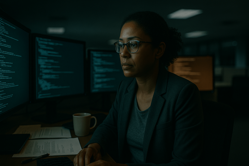CINEMATIC PHOTOREALISTIC IMAGE, 16:9 HORIZONTAL — late night office scene bathed in cool teal-blue monitor light. Lena Carter, mid-30s, Black woman with tied-back curls, tired but determined, sits in a small workspace surrounded by several monitors showing cascading lines of code. One monitor glows amber, adding contrast. She wears a casual blazer over a muted gray T-shirt. Papers, pens, and a half-finished mug of coffee clutter her desk. Realistic screen reflections shimmer across her glasses. Depth of field softly blurs the distant cubicles behind her. The mood is introspective, cinematic realism with visible skin texture and slightly uneven light from fluorescent panels above. Subtle film grain, real professional Black woman with natural features, teal and amber lighting harmony, shot on a modern digital cinema lens, grounded in the tone of a contemporary cyber-thriller.