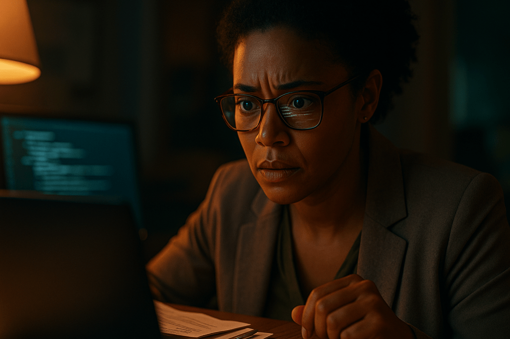 CINEMATIC PHOTOREALISTIC IMAGE PROMPT — LENA CARTER CLOSE-UP
HORIZONTAL 16:9 — close-up, tense night scene inside a dim software engineering workspace.
The air hums with faint computer noise and the glow of screens. The setting feels intimate, secretive — a quiet war room hidden behind glass walls and flickering monitors.
Foreground:
Lena Carter, a mid-30s Black woman with warm brown skin, tied-back curls, and glasses, sits at her desk, framed by the glow of her laptop. Her expression is intense and alert, brows furrowed, mouth slightly parted — the moment of realization hitting her like a wave. The faint reflection of corrupted code dances across her lenses and cheeks, lines of green and orange text mirrored in her eyes. Her hand grips the edge of the desk or rests frozen near the keyboard, caught between instinct and fear.
A desk lamp to her left casts a warm amber halo, outlining her curls and shoulder in subtle gold light, contrasting with the cold teal glow of multiple monitors in the background.
Scattered papers and notebooks cover the desk, one page half-filled with scribbled notes and timestamps.
Her laptop screen emits a faint digital glow — fragments of error messages and glitching code barely visible.
Background:
Slightly blurred — shelves, cables, and the edge of another workstation. The environment feels real, lived-in, cluttered with purpose. A hint of a second monitor, faintly showing a schematic or map titled “THE MAW,” appears out of focus behind her.
Lighting tone:
Key light: warm amber desk lamp, soft and natural.
Fill light: faint teal-blue from monitor reflections.
Rim light: subtle halo along her curls and shoulders, adding cinematic depth.
Camera angle:
Tight close-up, eye-level perspective — focusing on Lena’s emotion and inner tension.
Shallow depth of field blurs background, keeping all focus on her face and expression.
Filmic realism with soft grain and low contrast to heighten intimacy.
Texture realism:
Visible skin pores and fine detail — natural shine on skin, lifelike lighting across features, slight reflection on glasses. Subtle film grain, authentic monitor glow, faint motion blur in her hand for lived-in realism.
Mood and atmosphere:
Emotion: realization and urgency — the instant Lena understands what’s at stake.
Tone: techno-noir intimacy — a human face illuminated by the machine world she’s fighting against.
Narrative cue: the calm before the storm — intelligence, fear, and quiet resolve blending in one moment.