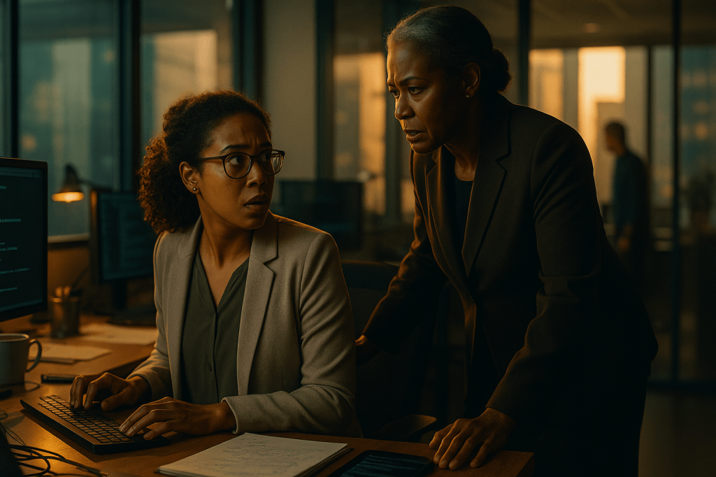 CINEMATIC PHOTOREALISTIC IMAGE PROMPT
HORIZONTAL 16:9 — close, tense moment in a modern software engineering office, late afternoon.
Amber sunlight cuts through tall windows, glancing off glass partitions and rows of monitors glowing with teal code. The air hums with low electronic light and quiet tension.
Foreground:
Lena Carter, mid-30s Black woman with warm brown skin, tied-back curls, and glasses, sits at her workstation cluttered with open laptops, notes, and a steaming mug. She’s half-turned from her screen, posture slightly defensive, eyes wide in startled alertness. Her hand hovers mid-keystroke, frozen between instinct and control.
Behind her, looming with composed authority:
Victoria Lane, early 50s Black woman with greying hair pulled into a low twist, stands tall in a dark espresso-brown tailored suit, one hand gripping the back of Lena’s chair, the other braced on the desk edge. Her stance radiates calm dominance. The sunlight bisects her face — half gold, half shadow, revealing both warmth and severity. Her reflection lingers faintly in the window glass behind them.
Depth detail:
In the blurred background, a coworker passes by, unaware or unwilling to intervene, adding realism and subtle voyeur tension.
Camera angle: medium-tight, slightly low, over-shoulder perspective — emphasizing the imbalance of power and proximity.
Lighting tone: warm amber daylight mixed with teal-blue monitor glow; soft film grain, cinematic realism.
Texture realism: lifelike skin detail, natural wrinkles, faint motion blur, dust motes in sunlight, and reflections across glass.
Mood: authority intrudes upon autonomy — a quiet battle of power, intellect, and control unfolding mid-afternoon.
Atmosphere: naturalistic and filmic — tension disguised as professionalism.
