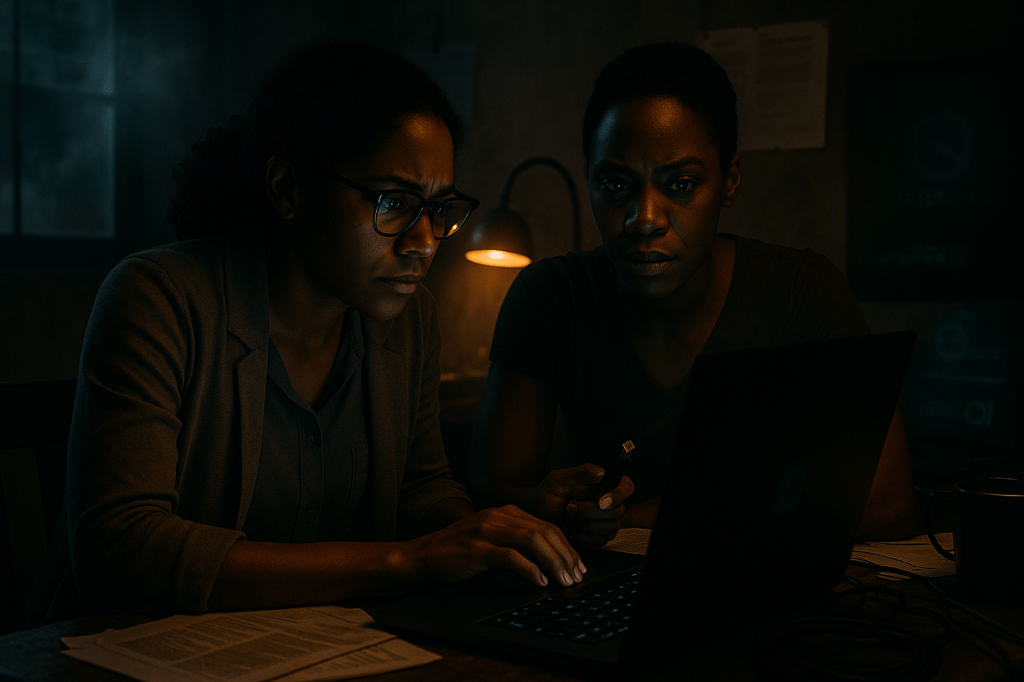 CINEMATIC PHOTOREALISTIC IMAGE PROMPT — “Obscura Protocol” Cover Image
HORIZONTAL 16:9 — interior, dimly lit safehouse at night.
The room is small and tense, its atmosphere charged with quiet urgency.
Faint fog drifts through a half-open window, catching hints of city light beyond.
The only illumination comes from a laptop’s cold blue glow and a warm amber desk lamp, their contrasting tones slicing the darkness.
Foreground:
Lena Carter, mid-30s Black woman with warm brown skin, tied-back curls, and glasses, sits at a worn wooden desk crowded with scattered papers, tangled cables, and half-finished mugs of coffee.
She leans slightly forward, eyes narrowed behind reflections of code and data patterns on the laptop screen.
Her expression is focused — determined yet quietly anxious.
The laptop light reflects across her glasses.
Beside her:
Aisha Reynolds, late-30s Black woman with medium-brown skin and short natural hair, realistic and grounded, wearing a dark fitted short-sleeve top.
She leans toward the laptop, one hand braced on the desk, the other holding a flash drive between her fingers.
Her expression is calm but alert, eyes locked on the screen, radiating steadiness and quiet authority.
Background:
Industrial concrete walls with peeling paint, faint city lights through blinds.
Pinned notes and printed data maps line the wall behind them, softly blurred.
The faint outline of the HydraSys logo is reflected on a nearby monitor.
Lighting:
Laptop glow in cold blue on faces; warm amber lamp behind them adding cinematic depth and light haze.
Deep contrast, soft lens flare, and atmospheric film grain.
Camera:
Tight medium shot, slightly off-center, at table level.
Focus sharp on both women and the laptop; background softened.
Realistic skin texture, natural light falloff, subtle depth.
Mood: intellectual intimacy, courage in secrecy, truth on the edge of revelation.
Atmosphere: cinematic, tense, heroic — two women against the system, illuminated by discovery.