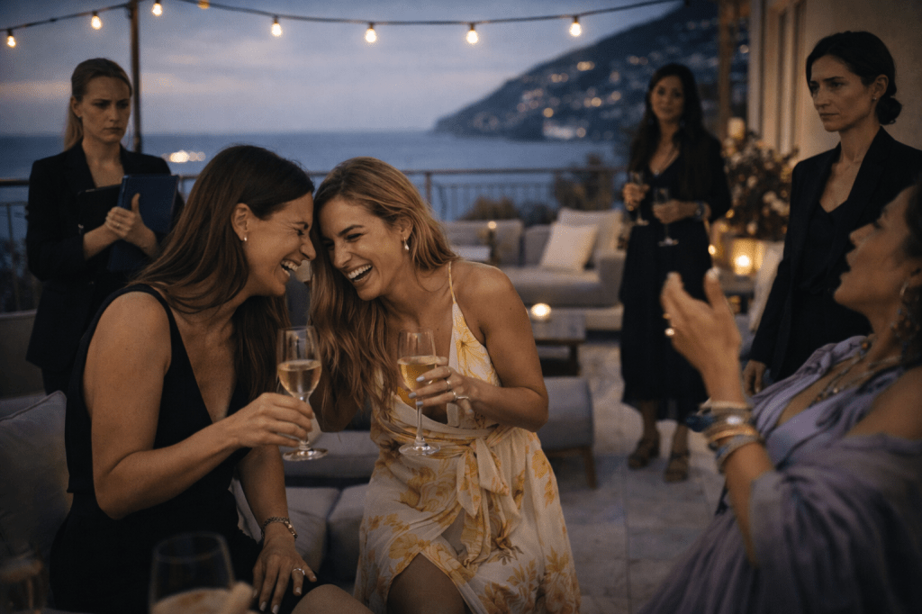 LUMIVORE V1 — PART I, IMAGE 4
“ROOFTOP, WRONG VIBES, RIGHT DISASTERS”
(Ensemble Chaos Image — Single Use)
Placement (for archive)
Midway through Act I, Scene 2, immediately after the “Cliterion Collection” beat or just following it.
🎯 PURPOSE (Internal Logic)
Capture farce + ensemble energy
Show Isadora inside chaos, not commanding it
Let the women, drinks, motion, and light do the work
Preserve Salomé as a cool counterpoint, not a romantic focus
This is the only ensemble image in Part I
📸 FINAL LUMIVORE PROMPT
Prompt:
A wide, horizontal cinematic ensemble still set on the rooftop bar of Villa Fiorella on the Amalfi Coast at dusk, rendered in contemporary A24-style realism with natural motion blur, subtle film grain, and warm Mediterranean evening light.
The rooftop is alive with controlled chaos:
amber string lights glow overhead
sea breeze moves hair, linen, and sheer fabric
glasses of prosecco and wine catch light mid-gesture
women laugh, talk over one another, lean in, turn away
The composition is busy but breathable, layered with overlapping bodies and gestures — no single focal point dominates.
Character Placement & Energy:
Isadora is present but not centered — slightly off to one side, mid-reaction, holding a drink too tightly. She is caught inside the moment rather than orchestrating it. Her expression suggests overstimulation: amused, overwhelmed, unraveling just beneath control.
Camila and Rita are animated and flirtatious near the visual center — laughing, leaning close, sharing a joke or drink. Their energy is expansive, casual, uncontained.
Petal floats through the scene like a mystical interruption — bracelets catching light, lavender fabric in motion, arms mid-gesture as if explaining something ridiculous and profound at once.
Henrietta is visible at the edge of the frame, tablet in hand, posture rigid, clearly irritated by the entropy unfolding around her.
Salomé is present but restrained — positioned at the periphery or partially obscured by foreground figures. She is still, composed, observing rather than participating. Her darker attire absorbs light while the rooftop glows around her.
Environment & Mood:
Mediterranean rooftop furniture: low couches, scattered tables, stone flooring
Golden-hour light transitioning into early evening
The sea visible in the distance, softly out of focus
Motion everywhere — lifted glasses, turned shoulders, half-steps — but never chaotic camera work
Camera & Composition:
wide, observational lens
eye-level perspective
asymmetrical composition
layered depth with foreground, midground, and background activity
no posed groupings
no one looking at the camera
❌ NEGATIVE PROMPT / HARD LIMITS
no individual glamour framing
no centered protagonist shot
no freeze-frame theatrical posing
no exaggerated facial comedy
no multiple rooftop images
no romantic framing between Isadora and Salomé yet
no crowd density that feels like a party montage