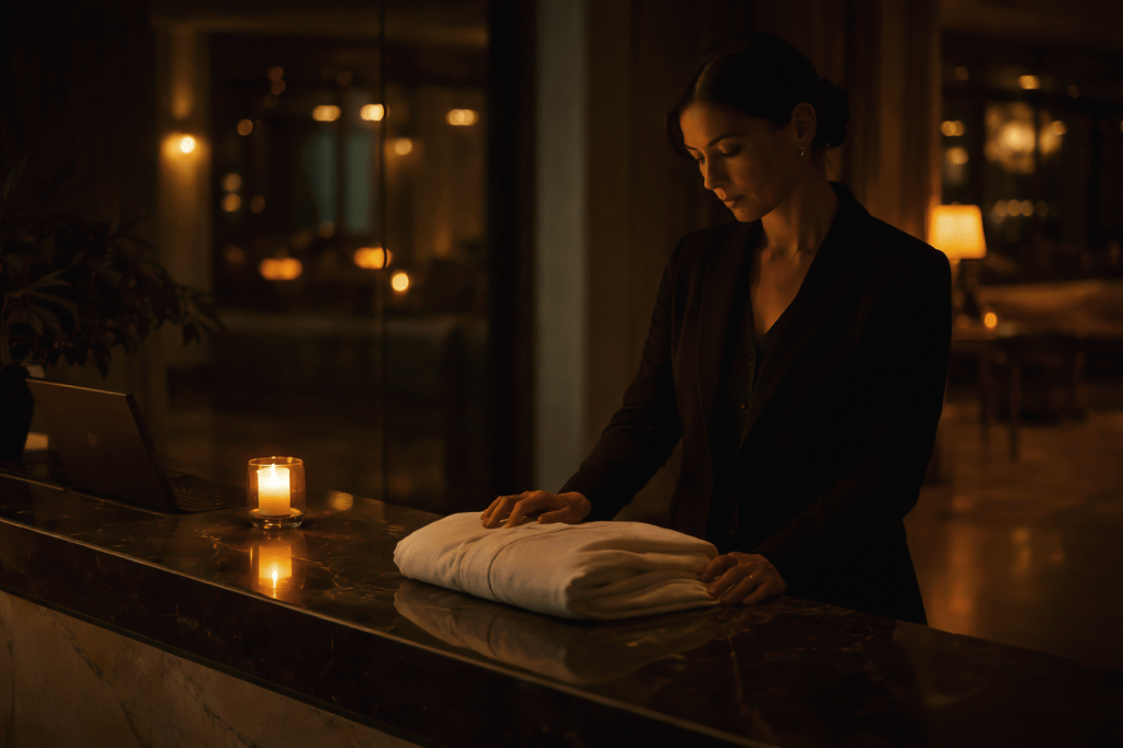 LUMIVORE V1 — PART II, IMAGE 1
“SALOMÉ ALONE AT THE DESK” (Canon Lock)
PROMPT:
A horizontal, cinematic photograph rendered in restrained prestige-film realism (A24-adjacent), set late at night inside an elegant Italian resort lobby on the Amalfi Coast.
Salomé stands alone behind the concierge desk of Villa Fiorella. She is a poised woman in her late 30s to early 40s with sharp, composed features, steady unreadable eyes, and a controlled, economical posture. Her appearance is grounded and realistic — never glamorized, never posed.
She wears her dark concierge uniform: minimalist tailoring, matte fabrics, clean lines that absorb light rather than reflect it. The uniform signals authority and restraint, not seduction.
In her hands, she carefully folds a white hotel robe — not clutching it, not caressing it, but handling it with deliberate care, as if deciding what to do with an object that carries emotional weight. The robe is clearly Isadora’s, but Isadora herself is absent.
The environment is quiet and hushed:
A polished marble floor
A glass wall behind the desk catching a faint reflection of Salomé’s silhouette
A single candle burning softly on the counter, its warm glow subtly intruding into an otherwise cool, controlled color palette
Lighting is low and cinematic:
Cool blue-grey ambient tones dominate the space
The candle introduces a restrained warmth that does not romanticize the scene
Shadows fall naturally, with gentle negative space around Salomé
A subtle vignette frames the image without feeling theatrical
Salomé’s expression is minimal — thoughtful, inward, unresolved. She looks slightly downward or toward her reflection, caught in a private moment of reckoning. This is a woman trained to notice, now forced to feel.
The camera framing is observational and slightly off-center, as if the viewer has paused at a respectful distance. The image should feel quietly witnessed, not staged.
Depth of field is shallow but natural. No stylization, no heightened contrast, no dramatic posing.
The overall mood is:
Still
Introspective
Restrained
Liminal
This image must read as presence, not performance — a threshold moment before choice, not a declaration of desire.
NEGATIVE PROMPT / EXCLUSIONS:
No romance posing
No smiling
No exaggerated emotion
No pin-up lighting
No visible guests
No Isadora present
No warm, golden romantic glow
No overt symbolism beyond the robe and candle
No cinematic tropes like lens flares or dramatic backlighting
STYLE LOCKS:
Photorealistic, prestige drama tone
Natural film grain
35–50mm lens feel
Eye-level camera
Observational framing
Canon Salomé appearance maintained exactly