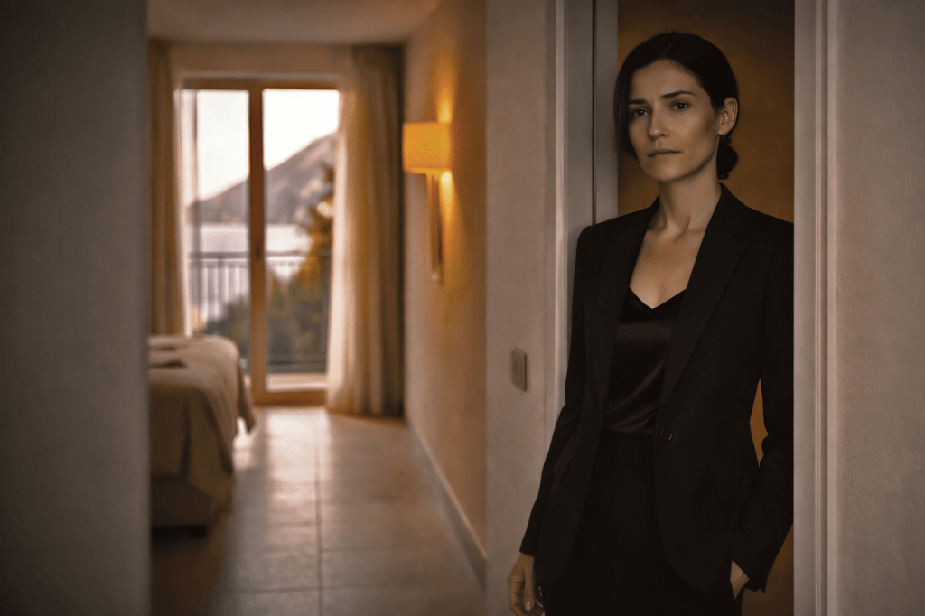 LUMIVORE V1 — PART I, IMAGE 3
“SALOMÉ AT THE THRESHOLD”
(Final Canon Generation Prompt)
Prompt:
A horizontal, cinematic prestige-film still set at Villa Fiorella on the Amalfi Coast in late afternoon, rendered in contemporary A24-style realism with subtle film grain, restrained contrast, and natural Mediterranean light.
Salomé, a woman in her late 30s to early 40s, is captured mid-pause at the open doorway of a luxury hotel suite. She is partially framed, positioned asymmetrically at the edge of the composition so that only part of her body is visible. The framing emphasizes liminality — she is neither fully inside nor fully outside the room.
She has a visually distinct appearance from Isadora:
more angular, structured facial geometry
sharp cheekbones and a firm jawline
steady, unreadable eyes
neutral mouth, no visible smile or softness
Her hair is neatly styled and restrained, pulled back or cleanly shaped with no loose strands or romantic movement.
She wears dark, minimalist concierge attire with clean tailoring and matte fabric that absorbs light. Her posture is upright, still, and economical — a woman who wastes no motion.
The environment around her is unmistakably Italian and coastal:
warm stone or plaster walls
modern minimalist furnishings with Mediterranean warmth
balcony doors open behind her, sheer curtains lifting slightly in the sea breeze
golden late-afternoon light spilling into the suite
Salomé herself remains cool by contrast, positioned in partial shadow or edge light. The warmth of the room passes behind her rather than illuminating her directly, reinforcing emotional restraint and authority.
She does not look at the camera. Her gaze is directed slightly off-frame, as if already preparing to leave.
Camera & Composition Notes:
eye-level, observational camera
doorway or architectural threshold framing
asymmetrical composition
significant negative space
no romantic posing
Tone:
Quiet authority. Emotional containment. Liminal calm.
A woman who belongs to the place — but never fully enters the room.
❌ NEGATIVE PROMPT / HARD RESTRICTIONS
no resemblance to Isadora
no warm or glowing skin highlights
no soft, expressive, or inviting facial emotion
no loose or flowing hair
no glamour, pin-up, or editorial styling
no centered composition
no flirtation or overt romance
no Scandinavian or urban hotel interiors
no cool grey institutional corridors