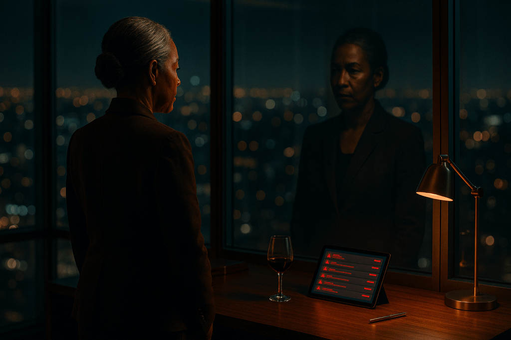 CINEMATIC PHOTOREALISTIC IMAGE, HORIZONTAL 16:9 — high-rise corner office at midnight, walls of glass overlooking the city below. Victoria Lane, early 50s Black woman with natural greying hair pulled into a low, professional twist, stands alone by her desk. Her dark espresso-brown tailored suit reflects soft bronze and amber light from a single desk lamp, while cold silver-blue from the skyline glances across her face. Her skin shows real texture — fine lines, fatigue beneath command, unvarnished authenticity. The desk is immaculate: a glowing tablet filled with red security alerts, a half-empty glass of wine, and a minimalist gold pen. Her reflection in the window splits her image into light and shadow, suggesting moral conflict and quiet loneliness. Depth of field isolates her against the city’s blurred glow of amber and steel. The composition is architectural and symmetrical, evoking control and imprisonment. Lighting tone: bronze over teal, cinematic noir realism with soft film grain. Mood: solitary authority, ambition tinged with regret. Atmosphere of late-night silence and moral gravity — she’s powerful, but the power costs her something deeply human.