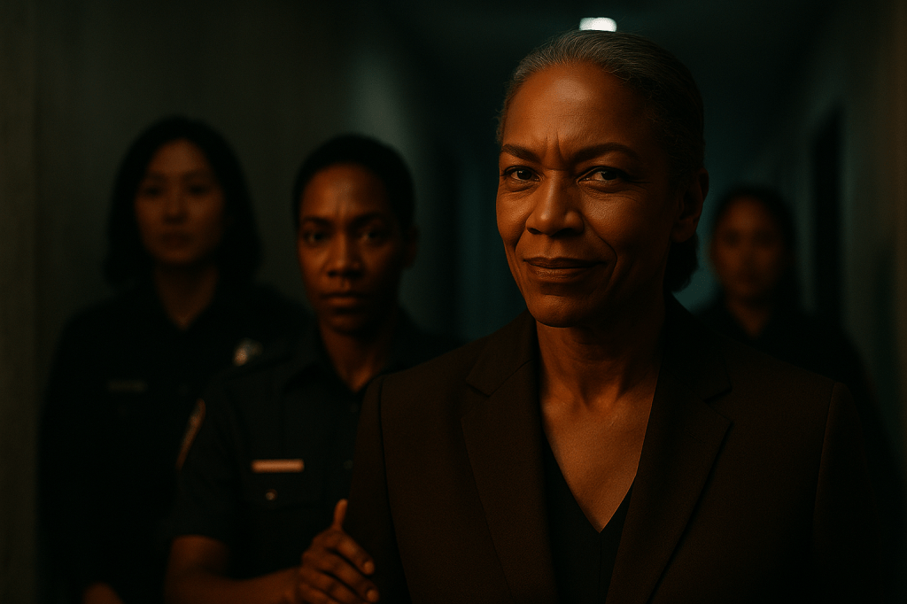 CINEMATIC PHOTOREALISTIC IMAGE PROMPT — “Victoria’s Warning / Being Led Away” (Final Canonical Version)
HORIZONTAL 16:9 — tight portrait of Victoria Lane walking forward through a dim industrial corridor as diverse women officers move behind her, escorting her away.
The background is softly motion-blurred with faint silhouettes of three female officers — one Latina, one Black, one Asian — in uniform, guiding her calmly but firmly.
No hands appear in the foreground; all officers remain behind her in formation.
Subject:
Victoria Lane, early 50s Black woman with natural greying hair in a low twist, wearing a dark espresso-brown tailored suit.
She is shown in three-quarter profile, mid-stride, posture upright and composed.
Her expression is cold and precise — gaze hardened, voice sharp again, smile icy and calculated.
Her eyes reflect controlled confidence and defiance; her lips curve in a subtle, knowing smirk.
Lighting:
Cold fluorescent overhead light slices across her face, creating sharp cheekbone highlights and jawline definition.
The corridor behind her glows faintly in bluish tones with subtle haze.
A dim amber spill from the room she exits brushes the back of her neck — a visual echo of warmth fading away.
Camera:
Tight medium close-up from slightly below eye level, capturing motion and authority.
Shallow depth of field isolates Victoria’s face; the officers’ movement behind her adds a dynamic motion blur.
Fine facial detail, natural skin texture, and subtle film grain enhance realism.
Mood: calculated defiance — power maintained even in defeat.
Atmosphere: cinematic, cold, and intimate — a final look of control before she disappears into the system.