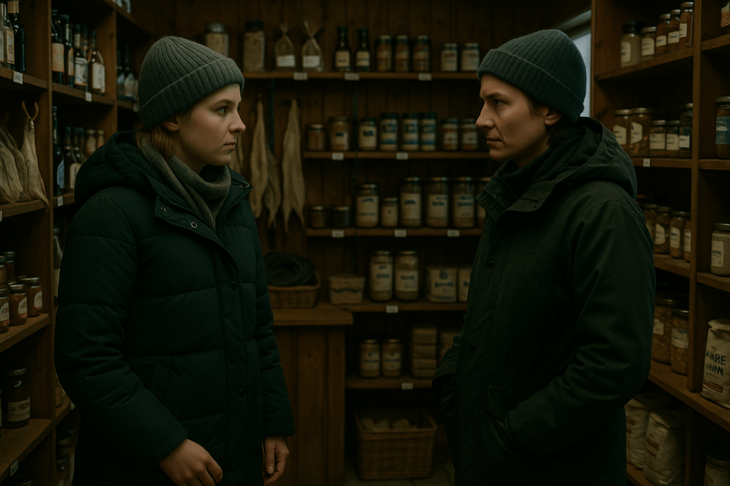 A24 LUMICORE — GENERATION-READY PROMPT
Astrid Bjørnsen & Ingrid Solberg — “In the Middle of the Shop”

Horizontal | 35mm | Norwegian Interior Realism | A24 Tone

CORE INTENT (READ FIRST)

This image captures a quiet moment of assessment, not welcome.

Ingrid and Astrid stand away from the counter, in the working middle of Fisk og Proviant.
No one owns this space.
The shop itself bears witness.

This is the first real test.

SCENE & SETTING (LOCKED)

Interior of Fisk og Proviant, Svalbard.

The shop is narrow and practical:

Shelves line both sides, stacked with dried cod (tørrfisk), packaged fish, preserved goods

Norwegian-language labels and handwritten price tags

Coiled ropes, baskets, and supplies tucked into corners

The counter is visible in the background or off to the side, clearly not part of this interaction

The space feels slightly cramped, functional, and exposed — not symmetrical, not staged.

INGRID SOLBERG

Norwegian woman, late 20s, academic from Oslo.

Wearing a practical winter parka and knitted beanie

Standing in the center aisle of the shop

Posture polite but uncertain, weight evenly held

Hands unsure where to rest (lightly clasped, near her coat, or hanging neutrally)

Expression open but careful — attentive, quietly bracing

Winter-flushed skin with natural texture

Blue-green eyes focused on Astrid, searching but restrained

Ingrid is present, professional, and unsure whether she is welcome — not pushing, not retreating.

ASTRID BJØRNSEN

Norwegian woman, early 30s, Svalbard-born field researcher.

Wearing authentic Arctic field clothing and a knitted beanie

Standing opposite Ingrid, but not squared off

One foot subtly angled away, as if already prepared to leave

Posture grounded and self-contained

Hands neutral (in gloves, pockets, or relaxed at her sides)

Expression guarded and outward-facing, assessing rather than searching

Weathered features, Arctic exposure visible

Astrid’s wariness is instinctive, not theatrical.
She does not lean in.
She decides whether to stay.

CAMERA & COMPOSITION

35mm lens, eye-level

Horizontal cinematic framing

Mid-distance shot (not tight, not wide)

Shelves frame the image on both sides

Slight asymmetry — one woman marginally closer to camera

Shallow depth of field:

Ingrid and Astrid legible

Shop environment softly present

The frame feels overheard, as if the camera paused while the shop continued

LIGHTING

Naturalistic Norwegian interior lighting only:

Cool fluorescent overhead light

Muted Arctic daylight filtering from windows

Mixed color temperatures allowed

Soft, realistic shadows

No warm “hygge” glow

No dramatic contrast

Light does not dramatize the moment.

ATMOSPHERE

Still indoor air

Quiet, working shop ambience

No dramatic movement

A sense of exposure without spectacle

FILM LOOK

Organic film grain, heavier in shadows

Gentle halation on fluorescent highlights

Faint chromatic micro-fringing

Barely perceptible gate weave

No digital sharpness

No HDR

COLOR PALETTE

Strict Scandinavian restraint:

Cold neutrals

Muted wood tones

Desaturated greens and greys

No saturation boost

MOOD

Awkward.
Measured.
Unresolved.

This is a pause where Astrid decides whether Ingrid is worth the effort of explanation.

❌ NEGATIVE / EXCLUSION GUIDANCE

No counter interaction

No face-to-face symmetry

No confrontation posing

No leaning in from Astrid

No warmth fetishization

No hero framing

No stylization or glamour

No smiling

No cinematic clichés

FINAL EXECUTION NOTE

This image should feel like:

a still frame from an A24 Arctic drama where the environment quietly pressures two women to reveal who they are.