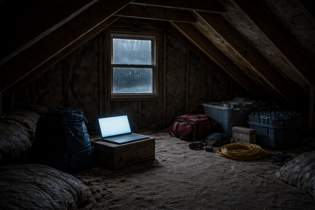 LUMIVORE MICRO-CORRECTION PROMPT — ATTIC INTERIOR (FINAL PASS)

A quiet, restrained interior photograph of a small attic during a storm, rendered in grounded, observational realism.

The camera framing is slightly off-center and imperfect, as if taken quickly for record-keeping rather than composition. The small attic window is not centered and may be partially offset within the frame. The composition feels incidental, not balanced or symmetrical.

The attic is dimly lit by a laptop resting on a low crate or box. The laptop screen brightness is uneven — one edge slightly blown or clipped, with subtle inconsistency across the panel. The blue light spills imperfectly onto nearby objects, creating messy, non-uniform illumination rather than clean gradients.

Emergency bags, coiled cords, storage bins, and bottled water are present, arranged naturally without aesthetic intent. No items are staged for symmetry.

A small window shows rain streaking down the glass. Dark water is visible outside, but no water enters the attic. The interior remains dry.

Lighting is practical only — laptop glow and faint ambient exterior light. Shadows fall unevenly and irregularly. No cinematic lighting, no deliberate vignetting, no shaped contrast.

Exposure is slightly imperfect: mild underexposure, uneven midtones, and subtle inconsistency across the frame, consistent with a real low-light photograph.

The atmosphere is still, tense, and contained — a space waiting, not performing.

LUMIVORE LOCKS

Interior only

No people or reflections

No water inside the attic

Practical light sources only

Incidental, documentary framing

NEGATIVE PROMPT

No people, no faces, no reflections, no shadows resembling figures, no cinematic lighting, no stylized composition, no symmetry, no centered framing, no dramatic contrast, no creature implication, no fog, no movement blur, no exaggerated depth of field, no symbolism.

IMPORTANT GENERATION NOTE

Accept the first pass that introduces awkwardness and imperfection.
Do not regenerate to “clean it up.”
