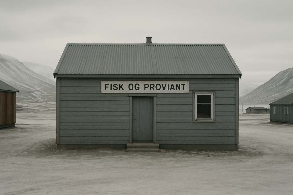 A24 LUMICORE — EXTERIOR ESTABLISHING PROMPT “Fisk og Proviant — Exterior Establishing” Horizontal | 35mm | Norwegian Architectural Realism | A24 Tone CORE INTENT (LOCK THIS FIRST) This image exists to locate the story physically, not emotionally. It establishes where everything happens — quietly, factually, without commentary. The Arctic does not care who enters or leaves. SCENE & SETTING Exterior of Fisk og Proviant, a small fish and provisions shop in Svalbard (Longyearbyen region). The building is: modest, practical, and utilitarian constructed of painted or weathered wood rectangular and functional, not picturesque clearly maintained, but worn by climate A simple sign reads “FISK OG PROVIANT” in plain lettering — legible, unadorned, realistic. The shop sits within a sparse Arctic settlement: packed snow or frozen ground muted mountains or low ridgelines in the distance no dramatic skyline no postcard framing ENVIRONMENT Overcast Arctic sky Flat, diffuse daylight No sun breaks No dramatic clouds Snow shows compression, wind-scouring, and foot traffic history Cold is present but understated Nothing sparkles. Nothing performs. CAMERA & COMPOSITION 35mm lens, eye-level Horizontal framing Observational distance (not wide, not close) Building slightly off-center, not hero-framed Straight verticals — no lens distortion Composition feels incidental, as if captured while passing by The camera does not emphasize importance. LIGHTING Natural Arctic daylight only Soft, low-contrast illumination No glow from windows No warmth spilling outward No high contrast edges The light is indifferent. ATMOSPHERE Still air No blowing snow No visible weather drama A sense of quiet persistence This is a place that endures rather than announces itself. FILM LOOK Subtle organic film grain Slightly muted contrast Gentle halation on pale snow edges No digital sharpness No HDR No stylized color grading Texture over polish. COLOR PALETTE Strict Scandinavian restraint: cold greys muted whites desaturated blues and browns weathered paint tones no saturation boost ABSOLUTE EXCLUSIONS (IMPORTANT) No people No animals No vehicles in motion No dramatic angles No cinematic exaggeration No sentimental framing No cozy lighting No postcard composition No snowstorms No narrative cues FINAL READ This image should feel like: a location that exists whether the story happens or not. A place that would look the same tomorrow.