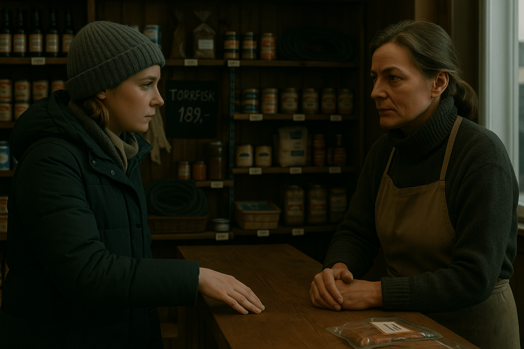 A24 LUMICORE — DETAILED GENERATION PROMPT
Ingrid Solberg & Freya Isvik — “First Meeting at Fisk og Proviant”

Horizontal | 35mm | Norwegian Interior Realism | A24 Tone

PROMPT

A horizontal, cinematic A24-style still frame set inside a small Norwegian fish and provisions shop in Svalbard, Fisk og Proviant. The interior is practical and lived-in: worn wooden shelves, crates of dried cod (tørrfisk), packaged fish, Norwegian-language labels, handwritten price tags, coiled ropes and nets, simple maritime tools, and a sturdy wooden counter. The shop feels functional, quiet, and unromantic — a real working space, not a styled set.

Two women face each other across the counter in a calm, understated first meeting.

INGRID SOLBERG

A Norwegian woman in her late 20s, an academic from Oslo.

Wearing a practical winter parka and a knitted beanie

Positioned on the customer side of the counter

Body angled slightly forward, posture polite but tentative

One hand rests lightly on the counter, fingers relaxed

Expression open but careful — attentive, searching, quietly self-aware

Winter-flushed skin with natural texture

Blue-green eyes focused on the shopkeeper

Her demeanor suggests someone new to the place, trying to understand how to stand in it

This is Ingrid before confidence — present, professional, and unsure.

FREYA ISVIK

A Norwegian woman in her late 40s to early 60s, the shopkeeper.

Standing behind the counter

No beanie, no hat, no head covering

Hair visible and natural, appropriate for an indoor working environment

Wearing a wool sweater and a worn canvas or cotton apron

Hands resting calmly on the counter — not wiping, not cleaning

Expression calm, observant, neutral — quietly assessing without judgment

Her presence conveys experience and steadiness rather than authority

Freya is attentive but unhurried. She does not rush the moment.

CAMERA & COMPOSITION

35mm lens, eye-level

Horizontal framing

Observational, slightly asymmetrical composition

Ingrid and Freya face one another across the counter

Shallow depth of field:

both women in focus

shelves and shop details softly present

The frame feels caught mid-life, not posed or theatrical

LIGHTING

Naturalistic Norwegian interior lighting only:

Cool fluorescent overhead light

Muted Arctic daylight filtering from a shop window

Mixed color temperatures allowed

Soft shadows

No warm “hygge” glow

No dramatic contrast

Lighting feels indifferent to the interaction.

ATMOSPHERE

Still indoor air

Quiet shop ambience

No dramatic movement

A sense that time is not pressing

FILM LOOK

Organic film grain, slightly heavier in shadow areas

Gentle halation around fluorescent highlights

Faint chromatic micro-fringing at high-contrast edges

Barely perceptible gate weave

No digital sharpness

No HDR

COLOR PALETTE

Strict Scandinavian restraint:

Cold neutrals

Muted wood tones

Desaturated greens and greys

No saturation boost

MOOD

Quiet.
Grounded.
Tentative but safe.

This is a first human anchor in a harsh place.

❌ NEGATIVE / EXCLUSION GUIDANCE

No glamour lighting, no stylization, no dramatic posing, no confrontation, no warmth fetishization, no smiling shopkeeper trope, no hats on Freya, no cleaning motion, no cinematic hero framing.

FINAL INTENT

This image should feel like:

a still frame from an A24 Arctic drama where a newcomer finds her first point of human contact — not reassurance, but steadiness.