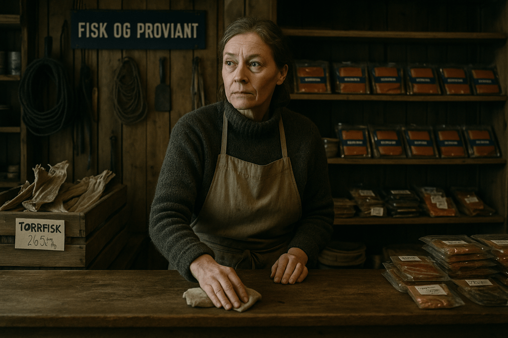 A24 LUMICORE — GENERATION-READY PROMPT Freya Isvik — “The Keeper of the Shop” Horizontal | 35mm | Norwegian Interior Realism | A24 Tone Prompt: A horizontal, cinematic A24-style still frame set inside a small Norwegian fish and provisions shop in Svalbard, Fisk og Proviant. The interior is practical and lived-in: worn wooden shelves, crates of dried cod (tørrfisk), packaged fish, Norwegian-language labels, handwritten price tags, coiled nets, simple maritime tools, and a working wooden counter. The shop feels functional and unromantic, not decorative or nostalgic. Subject — Freya Isvik: A Norwegian woman in her late 40s to early 60s stands behind or beside the counter. She has a lived-in, realistic face with fine lines and subtle weathering. No beautification, no softness bias. Her expression is calm, neutral, and perceptive — quietly aware of activity nearby without staring. Her presence conveys experience and authority without judgment. She is engaged in real work: wiping the counter, sorting fish, checking a ledger, or weighing goods. Her hands look practiced and used to labor. Her eyes lift slightly from her task, subtly tracking something off-frame. Wardrobe: Practical, authentic clothing only — a wool sweater or layered knit, a worn canvas or cotton work apron, muted natural colors (greys, browns, faded blues). Clothing shows wear and creasing. No jewelry emphasis. No styling flourish. Camera & Composition: 35mm lens, eye-level, observational framing. Freya is mid-frame or slightly off-center. Foreground elements (counter edge, shelving) may partially frame the shot, reinforcing realism. Shallow depth of field with Freya in focus and the shop environment softly present. The frame feels caught mid-life, not posed. Lighting: Naturalistic Norwegian interior lighting only. Cool fluorescent overhead lights mixed with muted Arctic daylight from shop windows. Mixed color temperatures allowed. Soft, realistic shadows. No warm “hygge” glow. No dramatic lighting. Atmosphere: Still air. Subtle cold presence indoors. Quiet working silence. No theatrical motion. Film Look: Organic film grain, slightly heavier in shadow areas. Gentle halation around fluorescent highlights. Faint chromatic micro-fringing at high-contrast edges. Barely perceptible gate weave. No digital sharpness. No HDR. Color Palette: Strict Scandinavian restraint — cold neutrals, muted wood tones, soft greys, desaturated practical colors. No saturation boost. Mood: Grounded, neutral, quietly perceptive. Freya holds the space without intervening. ❌ Negative / Exclusion Guidance (Recommended) No stylization, no fantasy, no warmth fetishization, no smiling shopkeeper trope, no dramatic poses, no glamour lighting, no symmetry, no cinematic hero framing, no glossy skin. FINAL EXECUTION NOTE This image should feel like: a still frame from a restrained A24 Arctic drama where the most important character is the one who does not speak.