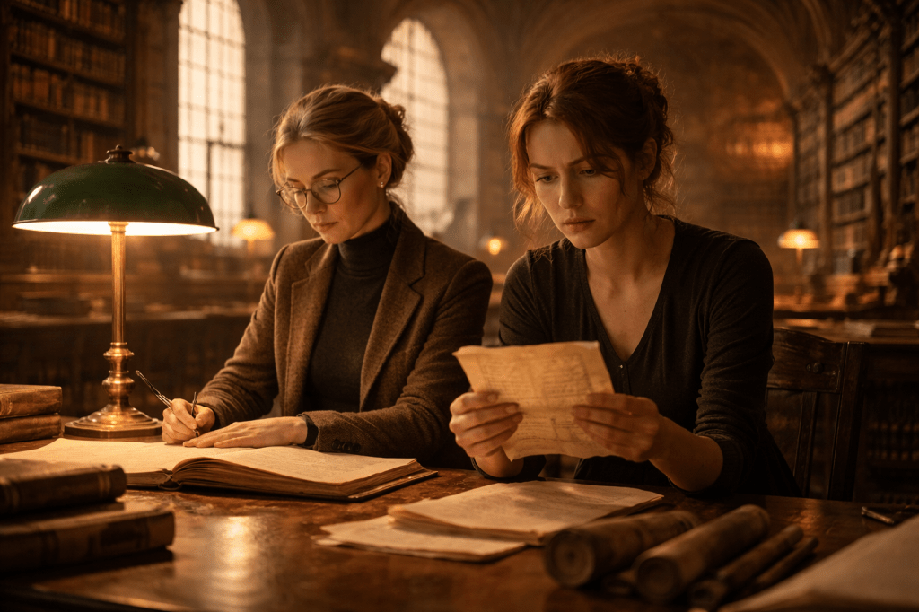 HORIZONTAL CINEMATIC IMAGE:

A cinematic, gorgeously shot, photorealistic image set inside the Austrian National Library during golden hour. Two Austrian women—Emilia Müller and Ella Steiner—sit side by side at a long, aged wooden table beneath the soaring vaulted ceilings and surrounded by towering bookshelves packed with antique volumes.

Ella, in a fitted brown wool blazer over a charcoal turtleneck, wears wire-framed glasses and studies a brittle manuscript with calm concentration. Her expression is composed and serious, lit by the golden glow of a green-shaded brass library lamp at her side.

Emilia, seated beside her, wears a dark, simple long-sleeved dress and leans forward tensely. Her auburn hair is pulled back loosely. She grips a fragile, yellowed letter with both hands, her brow furrowed in worry. Her right hand shows subtle tension, pressing into the letter as if trying to still her thoughts. Her expression is pained, alert—hovering between realization and dread.

Sunlight filters through tall arched windows in the background, casting soft beams into the dim room. Dust motes drift in the warm air. The atmosphere is silent and reverent, layered with history and a rising sense of foreboding. Both women are fully immersed in what they’re reading, their emotional contrast sharpening the drama of the moment.