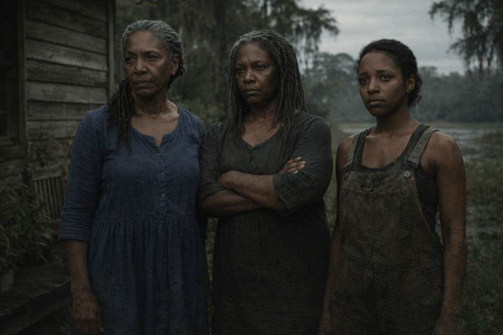 BASE IMAGE PROMPT — THE BAPTISTE WOMEN (FOUNDATIONAL)
IMAGE TYPE:
Naturalistic photographic realism, restrained and unposed.
No stylization. No mythic framing.
SCENE:
Three African-American women standing together on rural Louisiana land — a porch or yard near the bayou. The environment is humid, grounded, and lived-in. Vegetation is present but not romanticized. The setting feels real, not cinematic.
SUBJECTS:
Three women of different generations:
Mama Mercy Baptiste — older, maternal, steady. Her presence is protective and grounded, not mysterious.
Odette Baptiste — middle-aged, alert, sharp-eyed. Reads as capable, observant, and unafraid.
Clara Baptiste — younger, quieter, attentive. Watches more than she speaks.
They stand close enough to clearly belong together, but not posed or symmetrical. Their relationship is evident through proximity, not gesture.
APPEARANCE:
Natural hair (varied styles appropriate to each woman)
Plain, practical clothing in muted, earth-toned colors
No jewelry meant to signify symbolism
Clothing and posture reflect daily life, not performance
They look like women who live here.
LIGHTING:
Natural daylight or soft overcast.
No dramatic shadows.
No glow.
No emphasis lighting.
EXPRESSION & POSTURE:
Calm, composed, untheatrical
Expressions neutral to serious, not emotive
No direct engagement with the camera
Authority is quiet and collective
CAMERA & FRAMING:
Eye-level perspective.
Medium-wide framing.
No central hero composition.
The camera feels present but uninvited — as if it arrived mid-moment.
TONE:
Grounded. Real. Contemporary.
Nothing mystical. Nothing explained.
EXPLICIT EXCLUSIONS:
No supernatural elements
No symbolic props
No mythic or folkloric cues
No visual resemblance to an ancestral figure
THE BAPTISTE WOMEN — LIVING LINEAGE LOCK
IMAGE ROLE (LOCKED):
This image represents the living Baptiste women — Mercy, Odette, and Clara.
It must establish continuity, not myth.
Célie Baptiste must not be visually echoed here.
CORE DIRECTIVES (NON-NEGOTIABLE)
Preserve realism and restraint
Maintain African-American identity without emphasis or explanation
Distinguish lived authority from ancestral presence
Anchor the women in daylight, not legend
TARGETED ADJUSTMENT — WOMAN IN BLUE (MAMA MERCY)
PRIMARY GOAL:
Reframe her authority as maternal, grounded, and present — not withheld or enigmatic.
REQUIRED CHANGES
AGE & PRESENCE
Age her subtly upward (reads clearly as elder relative, not mythic figure)
Emphasize warmth through posture, not expression
Authority should feel earned through years, not carried as mystery
HAIR
Adjust hairstyle to clearly differ from Célie:
shorter locs, pulled back, wrapped, or more practical arrangement
Hair must read functional, not symbolic
EXPRESSION
Shift from inscrutable → watchful
She is observant, not unknowable
Viewer should feel she is aware of them, not withholding herself from them
POSTURE
Protective, steady, slightly forward-leaning
Reads as the one who has held the family together
Not centered as a figure of myth or gravity
CLOTHING
If blue remains, mute it slightly (weathered, faded)
Avoid deep, saturated tones associated with Célie’s night image
Fabric should feel worn, familiar, domestic
GROUP COMPOSITION (ALL THREE)
HIERARCHY
No single woman dominates the frame
Power is collective
The eye should move between them, not stop at one
RELATIONSHIP
They stand together, not posed
Slight differences in stance reflect personality, not status
Clara reads younger, Odette sharper, Mercy steadier
LIGHTING
Natural daylight or soft overcast
No dramatic contrast
No nocturnal or mythic cues
EXPLICIT EXCLUSIONS
No resemblance to Célie’s visual language
No withheld facial access
No mysticism, glow, fog, or symbolic framing
No sense that the viewer is intruding
These women are present, not elusive.
FINAL AUTHENTICITY CHECK
FAIL if:
The woman in blue could be mistaken for Célie
One figure feels iconic or archetypal
The image feels staged or illustrative
PASS only if:
The women read as unquestionably alive and contemporary
Authority feels communal and inherited, not supernatural
The image feels like a moment that existed before the camera noticed
FINAL LOCK STATEMENT (FOR THE MODEL)
This image does not explain lineage.
It shows three women who already know it.