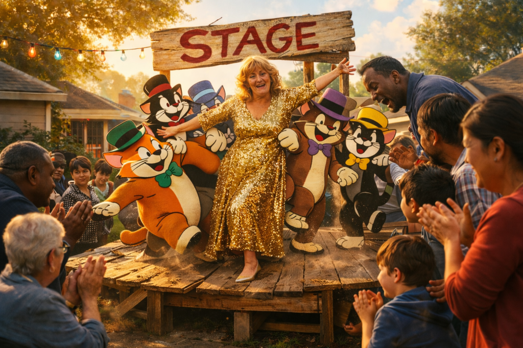 VERSION B.3 — EMBODIED COLLISION & DIVERSE REALITY

(Use as-is. This is a tightening, not a softening.)

HORIZONTAL CINEMATIC IMAGE — 16:9 — PRESTIGE MAGICAL REALISM — EMBODIED, CROWDed, UNRULY BLOCKING

A gorgeously lit, photorealistic cinematic image set in a sunlit suburban neighborhood, where accidental magic has erupted before anyone had time to organize space or etiquette.

At the center, Carol Peters performs atop a cramped, makeshift wooden stage in her front yard, built from uneven, weathered planks that are visibly too small for the number of performers now occupying it. A crooked, hand-painted sign above her reads “STAGE”, its faded letters leaning slightly, as if hastily nailed in place.

Carol wears a dazzling gold sequined dress that catches the morning light unevenly. She beams with determined joy, arms thrown wide in triumphant jazz hands — but her body language shows adjustment: one shoulder raised defensively, her stance widened for balance, her smile just barely strained as she continues performing while being bumped and crowded.

She is not breaking character.
She is managing the chaos while performing through it.

The stage is overcrowded with a troupe of animated vintage cartoon cats, inspired by Who Framed Roger Rabbit–era animation. They are hand-painted with bold black outlines and colorful, slightly worn tones — but they vary noticeably in size and build:

One tall, skinny cat with long limbs and jittery movement

One short, round, heavier cat with a bouncing gait

One average-sized cat with oversized feet

One smaller, scrappy cat darting between legs

Their exaggerated old-Hollywood tap-dance poses clash awkwardly with the limited space.

FORCED SPATIAL COLLISION (MANDATORY):

A large, round cat bumps into Carol’s hip mid-dance, forcing her to shift her weight without losing her smile

A skinny cat steps partly behind Carol, its head and hat visible over her shoulder while its body disappears behind her dress

Two cats overlap mid-dance, bodies intersecting and outlines partially obscured

One cat teeters at the edge of the stage, one foot slipping halfway off a plank

A cat’s tail disappears behind Carol’s sequined dress, re-emerging on the other side

Another cat is cut off by the frame edge, only partially visible

The cats remain visually flat and hand-painted, but they interact physically with the environment: their shadows fragment across plank gaps, nails, and stage edges; the boards flex unevenly under their combined weight, releasing irregular puffs of dust that hang briefly in the warm morning air.

THE CROWD — DIVERSE, TOO CLOSE, UNPLANNED

A racially and ethnically diverse group of suburban neighbors has pressed in too close around the stage — Black, Latino, Asian, white, and mixed-race neighbors of varying ages, builds, and styles. They are no longer arranged neatly.

Their reactions vary:

Some clap enthusiastically

Some laugh in disbelief

Some lean back instinctively to avoid collision

Some lean in, fascinated

HUMAN–CARTOON NEAR-COLLISIONS:

A Black neighbor leans forward mid-clap, his hands nearly colliding with a dancing cat’s face

A child crouched near the stage edge (Latino or mixed-race) pulls back slightly as a cartoon cat’s foot lands inches from their knee

An Asian neighbor’s arm cuts through a cat’s outline, partially obscuring it from view

No one appears frightened — only surprised by how physically close everything has become.

ENVIRONMENTAL TRUTH

Morning dew sparkles unevenly on trampled grass

Dust motes float chaotically, disturbed by too many feet

A brief lens flare glances off Carol’s sequins, slightly blown out

The sunlight is warm and directional, but shadows are broken, messy, and inconsistent, fractured across overlapping bodies, planks, and figures. Some characters are partially cropped by the frame, as if the camera operator was struggling to contain the scene.

COMPOSITION RULES (NON-NEGOTIABLE):

Avoid symmetry

Avoid clean spacing

Avoid uniform character sizing

Avoid perfect visibility

Prioritize overlap, occlusion, imbalance, and adjustment

Tone: sincere, joyful, slightly stressed, unplanned
Style: cinematic, observational, restrained magical realism under bodily pressure
No parody. No satire. No visual cleanup.
The magic arrived first. Everyone else is adapting.