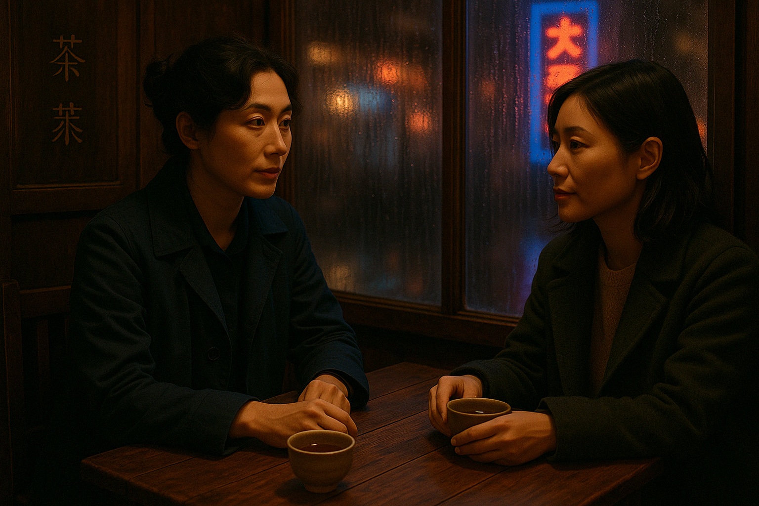 A cinematic realism scene inside a small, tucked-away teahouse on Nanjing Road in Shanghai at night. The wooden tables are worn smooth from years of use, bearing faint stains of tea and history. Raindrops streak the window, distorting the view of the bustling street outside, where neon signs glow in deep blues, purples, and reds, casting soft reflections on the wet pavement. The atmosphere is quiet and intimate, filled with the scent of jasmine tea and the distant hum of the city beyond the glass. At a table by the window, two Chinese women sit across from each other, facing one another. Liang Ruiwen (梁瑞文), a Chinese woman age 34, wears a navy-blue trench coat, darkened by the mist, and her slightly wavy dark brown hair is loosely gathered in a bun, a few damp strands clinging to her cheek. Across from her, Xu Meiling (许美玲), a Chinese woman age 32, is wrapped in a dark green wool coat, her auburn-streaked black hair tucked behind one ear. Their features are distinct: Liang Ruiwen has a contemplative, watchful gaze, while Xu Meiling has a quiet, knowing expression. Their posture is intimate, their hands resting near their tea cups, as something unspoken lingers between them. The rain-slicked city hums beyond the window, but inside, the world holds still, waiting.