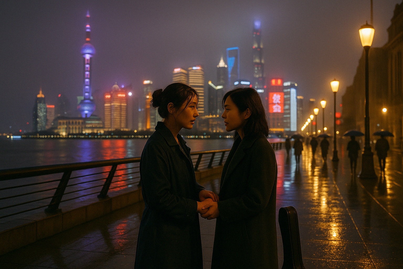 A cinematic realism, medium shot scene of a rainy night on the Bund, Shanghai. The neon skyline glows over the Huangpu River, with shimmering reflections rippling in the water. The wet pavement gleams under golden streetlights, capturing the soft haze of rain still lingering in the air. The hum of the city fades into the background, with no cars present on the streets. The Bund's distinctive street elements are visible, including its waterfront promenade railing and colonial-era architecture across the river. Occasional red lanterns add to the authenticity of the Shanghai setting. The city is alive, with distant blurred figures carrying umbrellas or moving through the rain, reinforcing the busy yet atmospheric energy of the location. In the foreground, two Chinese women stand close, facing each other—Liang Ruiwen, age 34, in a damp navy-blue trench coat, her dark brown hair loosely gathered in a bun, and Xu Meiling, age 32, wrapped in a dark green wool coat, her violin case resting at her feet. Their posture is intimate, their hands lightly touching as if caught between hesitation and certainty. The city glows around them, but they are still, lost in the moment. The mist softens the edges of the world, but nothing between them feels unclear. One woman’s hand lingers at the other’s coat sleeve, the other tilts her face ever so slightly upward. The rain-slicked streets mirror their closeness, the world holding its breath with them—alive, waiting. In the background, distant silhouettes with umbrellas move through the rain, adding to the realism of the busy Shanghai streets.