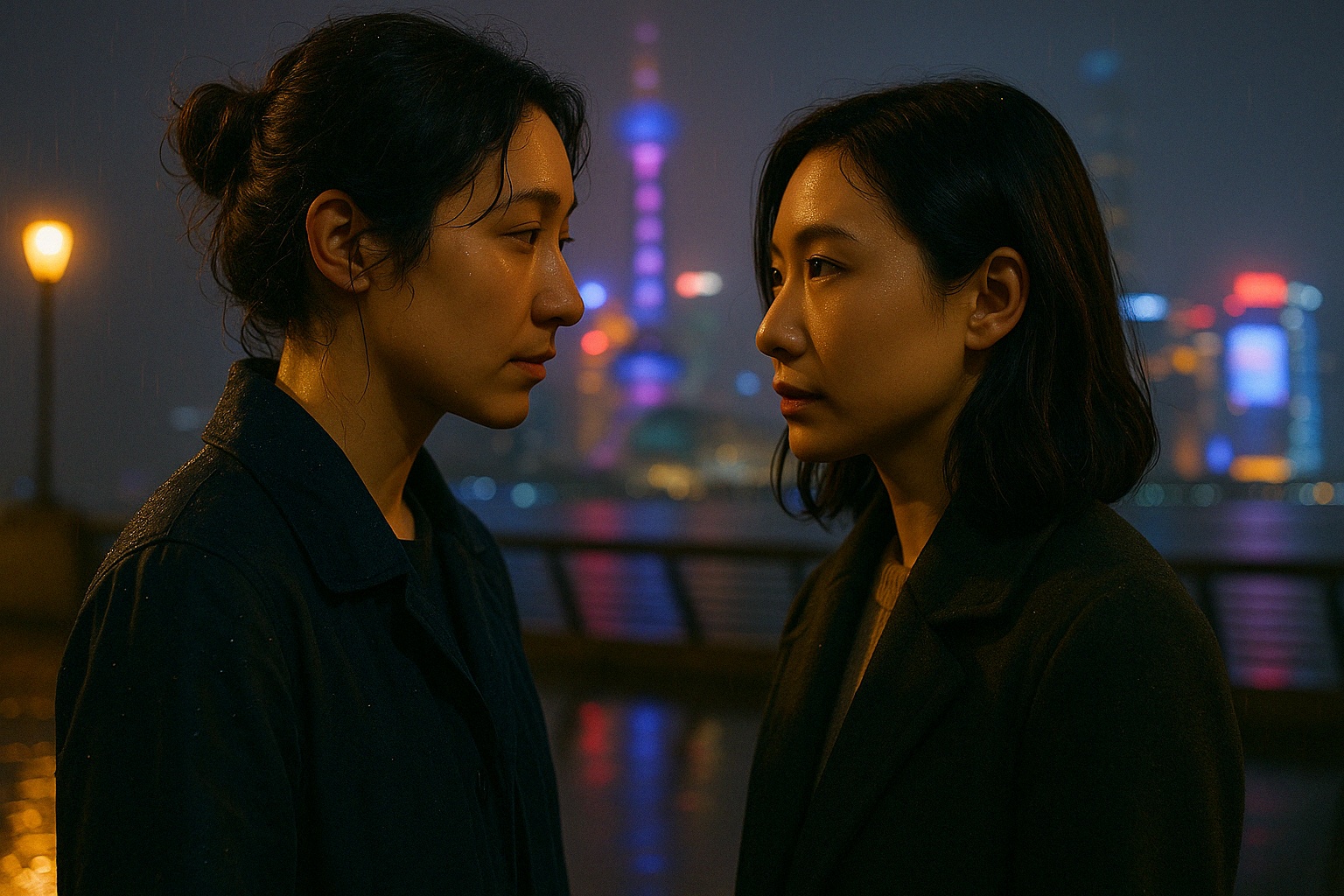 A cinematic realism close-up shot of two Chinese women standing face to face on a rainy night in Shanghai, with the neon-lit Bund and misty skyline softly blurred in the background. In the foreground, two Chinese women stand close, facing each other—Liang Ruiwen, age 34, in a damp navy-blue trench coat, her dark brown hair loosely gathered in a bun, and Xu Meiling, age 32, wrapped in a dark green wool coat. Xu Meiling’s black hair, streaked with auburn, is tucked behind one ear, and she looks directly into Liang Ruiwen’s eyes, her gaze fully locked onto Liang’s with quiet intensity. Raindrops cling to their coats and skin, catching the ambient city lights. The cool mist swirls around them, the warm golden glow of nearby streetlights contrasting with the sharp blues and purples of neon reflections in the wet pavement. The atmosphere is charged, intimate, with the quiet hum of the city around them.