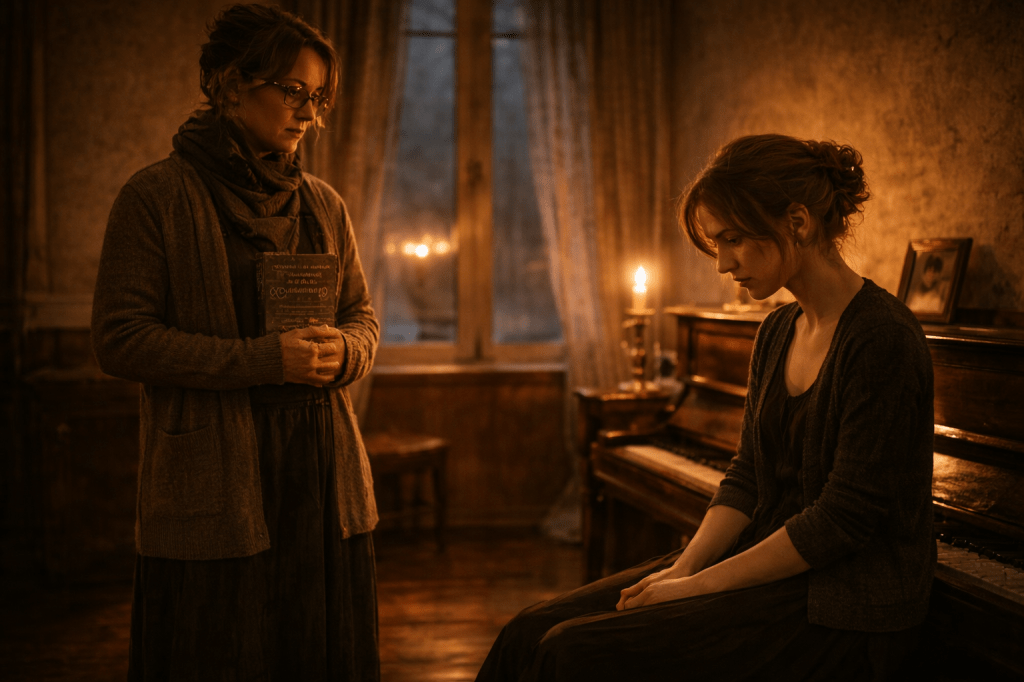 HORIZONTAL CINEMATIC IMAGE — PHOTOREALISTIC, GROUNDED REALISM

A cinematic, photorealistic image set inside a modest Viennese apartment during early evening.
The room is dim and quiet, lit primarily by the warm amber glow of a single candle placed on an upright piano. Candlelight casts long, wavering shadows across textured wallpaper, wooden floors, and sheer lace curtains. Outside the window, dusk has settled; the light is low and muted, cool compared to the candle’s warmth.

Emilia Müller (LOCKED TO REFERENCE IMAGE):
A young Austrian woman in her late 20s to early 30s, with pale skin and softly pinned auburn hair in a loose, practical updo. Her appearance is contemporary and restrained — no historical styling, no aristocratic features. She wears a simple black dress with a dark gray cardigan. Her face is natural, unadorned, and grounded, with a quiet, introspective expression.
She sits hunched slightly on the edge of a piano bench, shoulders drawn inward, gaze lowered toward the floor. Her hands rest loosely in her lap. Her posture conveys guilt, sorrow, and emotional withdrawal rather than melodrama.

Ella Steiner:
A woman in her early 30s with dark blonde hair pulled into a loose, functional bun. She wears wire-rimmed glasses, a worn cardigan layered over a simple dress, and a thick scarf wrapped around her neck. She stands a few feet from Emilia, facing her directly.
Ella clutches a hardcover book titled “Forgotten Women of Music” against her chest. Her expression is strained and conflicted — frustration, fear, and concern held in check. She appears to be mid-confrontation, but silent.

Environment & Details:
An upright piano occupies the right side of the frame. A single framed photograph rests on top of it, slightly out of focus — a quiet symbol of memory and loss. The room feels lived-in and intimate, not grand. No supernatural elements are visible.
The composition is still and emotionally tense, as if time has paused between words.

Tone & Style:
Cinematic realism, restrained and observational.
Natural skin tones, soft depth of field, no stylization, no painterly effects.
Mood is intimate, heavy, and unresolved — a moment suspended in silence.