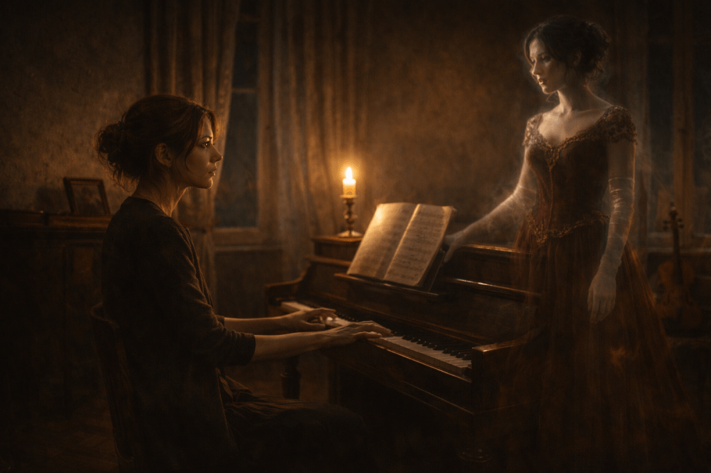 HORIZONTAL CINEMATIC WIDE SHOT IMAGE: A cinematic, gorgeously shot, photorealistic image set inside a dim, candlelit Vienna apartment at night. On the left, Emilia Müller, a young Austrian woman with auburn hair tied back, sits frozen at an upright dark wood piano. Her fingers hover just above the keys, trembling mid-motion as if caught by something unseen. Her face is turned slightly toward the right, lit by the soft golden glow of candlelight, eyes wide in awe and fear.

Beside her, standing close to the piano, is the ghost of Isolde Krüger—a translucent 19th-century woman with dark hair pinned in elegant waves. She wears a flowing crimson evening gown with lace sleeves. Her sorrowful expression is full of urgency and grief. Her form glows faintly, shimmering with an ethereal silver light that catches the edge of shadows and reflects in the polished piano wood.

The apartment is moody and authentic, with aged wallpaper, a curtained window behind the piano, and a violin propped against the wall in the left corner. The sheet music on the stand rustles slightly, as if stirred by a supernatural breath. The shadows stretch long across the parquet floor, and the candlelight flickers unevenly—casting the room in an atmosphere that feels suspended, sacred, and electrically charged with the presence of something beyond.