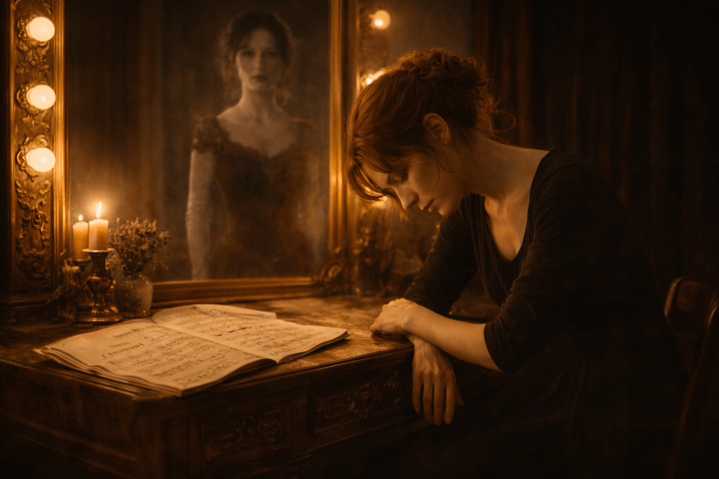 HORIZONTAL CINEMATIC PORTRAIT IMAGE:
A cinematic, photorealistic, gorgeously lit image set inside a softly lit 19th-century opera house dressing room. Emilia Müller, a young Austrian woman with auburn hair tied in a loose bun and wearing a modest black dress, sits before an ornate gilt mirror at a carved wooden vanity. She is collapsed gently into her chair—not in defeat, but in visible exhaustion and quiet triumph. Her body is curved inward, protective and reflective. Her eyes are cast downward toward the open sheet music before her—Isoldes Requiem—which rests on the vanity, its delicate parchment pages slightly curled as if stirred by a faint breeze. The music is marked in two distinct handwriting styles, layered as though touched by two lives across time.

The soft, golden glow of nearby vanity lights creates a halo of warmth around Emilia, highlighting her tear-streaked cheeks, dark under-eye circles, and the solemn peace in her expression. The atmosphere suggests catharsis—an emotional release after a final performance.

In the mirror’s reflection behind her, faint but unmistakable, is the ghostly figure of Isolde Krüger: a 19th-century Austrian woman in a deep crimson gown with dark hair and solemn features. Her presence is slightly blurred, her edges softened as though barely clinging to the visible world. Her expression is one of sorrowful serenity—no longer bound by longing, but at peace. She looks directly outward from the mirror, toward the viewer, as if offering one last benediction.

To the side of the vanity, a pair of lit beeswax candles burn low beside a small ceramic vase of dried lavender. The scent lingers in the mind, and the atmosphere is thick with memory, grief, and transformation. The lighting is warm and moody, with deep shadows and golden accents, evoking a timeless, sacred space where past and present coexist—one woman grounded in the now, the other fading gracefully into legend.