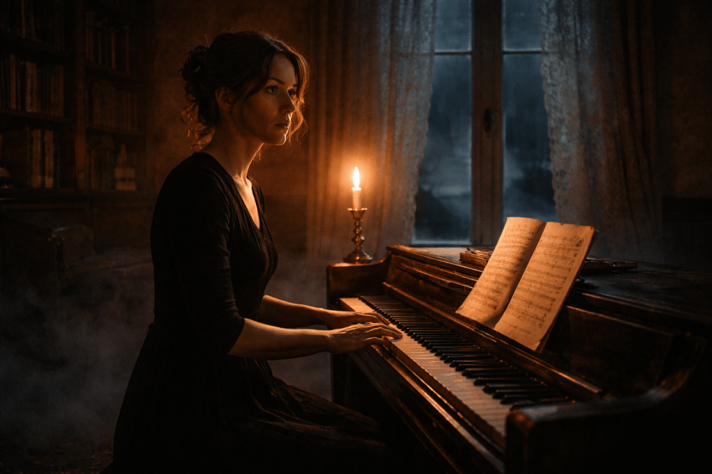 HORIZONTAL CINEMATIC IMAGE:

A photorealistic, cinematic, gorgeously lit wide shot inside a dimly lit Viennese apartment at night. A young Austrian woman in her early 30s, with pale skin and dark auburn curls pinned loosely back, sits at an upright piano lit only by a single flickering candle in a brass holder. She wears a simple black dress. Her expression is tense and transfixed—eyes wide, jaw tight—as her hands hover just above the keys. The open sheet music before her reads Isoldes Requiem in handwritten script, one page slightly lifted as if by breath or breeze.

The room around her is unsettlingly still: bookshelves line one wall, and lace curtains barely veil the tall window behind her. Dense chill fog presses against the glass and seeps faintly into the room along the baseboards, pooling in the shadows. The parquet floor is dark and gleaming. Candlelight casts deep, warped shadows along the walls, especially behind Emilia, where the darkness seems thicker—more sentient.

The atmosphere is electric, charged with unseen presence. The moment feels suspended at the edge of the supernatural, as though something invisible stands just behind her, poised to reveal itself.