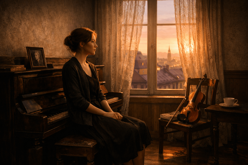 HORIZONTAL CINEMATIC IMAGE:

A gorgeously lit, cinematic, photorealistic wide shot of a modest Vienna apartment at dawn. A young Austrian woman in her late 20s with pale skin and loosely pinned auburn hair sits quietly at an antique upright piano. She wears a dark cardigan over a simple black dress. Her posture is still, her expression contemplative and distant, as the first golden-pink light of morning filters through sheer lace curtains on a tall window behind her.

Only one faded, framed photograph—of her grandmother—rests atop the piano, angled slightly toward Emilia. A violin leans naturally against a nearby chair by the window, its bow resting beside it. The wooden floor is aged, the wallpaper subtly textured and old-fashioned, and a small table to the right of the piano holds a single white porcelain teacup. Outside the window, the rooftops of Vienna are softly bathed in warm light.

The mood is quiet, intimate, and heavy with artistic yearning, creative frustration, and the silent weight of memory.