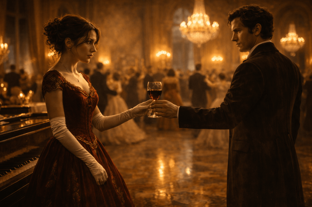 HORIZONTAL CINEMATIC IMAGE: A gorgeously shot, photorealistic scene inside a golden-lit 19th-century Viennese ballroom during a grand evening gathering. In the foreground, a young Austrian woman in a rich crimson gown with gold embroidery and white lace gloves stands just beside a grand piano. Her expression is one of caution and unease—eyes slightly widened, lips parted in wary tension—as she tentatively reaches out to accept a glass of red wine.

Opposite her, a tall, dark-haired man in his late 30s stands poised and still. He wears a finely tailored black frock coat and waistcoat, his face tense with intent focus. His extended hand holds the glass of wine delicately, but his posture radiates control and quiet menace.

Behind them, the ballroom is alive with soft golden light from crystal chandeliers. Elegantly dressed guests blur in motion—dancing, chatting, unaware of the tension unfolding at the edge of the room. The image conveys an air of civility strained by something deeper—rivals masked in politeness, locked in a silent duel.