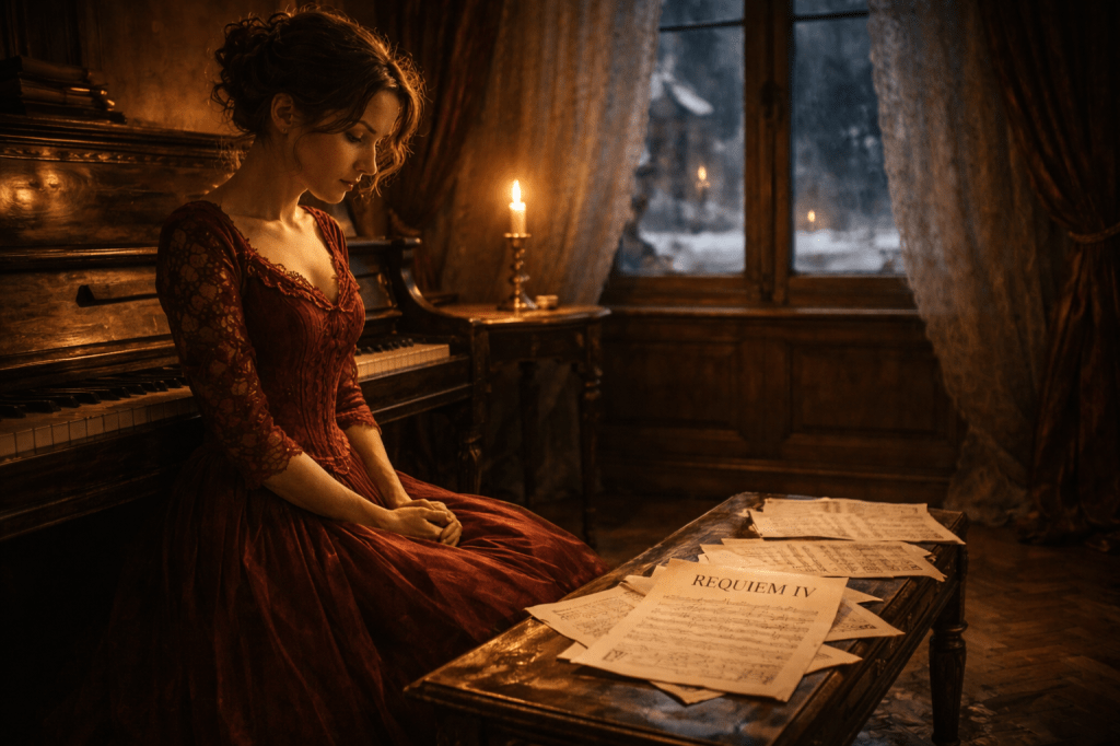 HORIZONTAL CINEMATIC IMAGE:

A cinematic, gorgeously shot, photorealistic image. The setting is a grand, dimly lit Viennese music room at night, with dark wood paneling, carved furnishings, and frost-rimmed windows revealing a snowy street outside. The atmosphere is quiet, contemplative, and emotionally weighted.

Seated near a carved upright piano is Isolde Krüger, a beautiful Austrian woman in her early 30s, wearing a rich burgundy 19th-century gown. Her dark hair is pinned back softly. Her posture is weary but focused—hands folded in her lap, her gaze lowered in solemn reflection.

Beside her on a wooden bench and scattered across the polished floor are loose manuscript pages, worn and marked with musical notation. At the center of the bench lies a sheet clearly bearing the title: “REQUIEM IV”—the culmination of her life’s work. The title is sharply visible, illuminated by the warm candlelight.

A single candlestick sits on a small table beside the piano, casting flickering light across the scene. Shadows stretch along the parquet floor and paneled walls, subtly emphasizing the solitude of the space. The glow from the window is cool, suggesting Vienna’s snow-covered rooftops and empty streets just beyond.

The overall tone is elegiac, intimate, and quietly triumphant—a portrait of genius in its final moment of creation, shaped by sacrifice and brilliance.