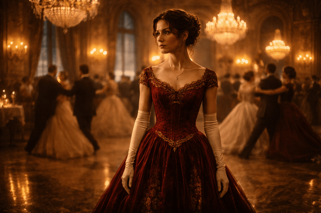 HORIZONTAL CINEMATIC IMAGE:

A gorgeously lit, photorealistic, cinematic image set inside a lavishly appointed 19th-century Austrian imperial ballroom during a winter gala. The room is grand and glowing: multiple crystal chandeliers hang from vaulted ceilings, illuminating the space with authentic candlelight that reflects off polished marble floors and gilded moldings. The architecture is richly Viennese—arched windows, intricate cornices, and tall mirrored panels.

At the center of the frame stands Isolde Krüger, a beautiful Austrian woman in her early 30s with pale skin and dark wavy hair pinned in an elegant updo. She wears a crimson velvet ballgown with gold embroidery, a fitted bodice, and a full formal skirt. Her arms are covered in long ivory gloves, and she wears simple yet refined gold jewelry (a delicate pendant and matching earrings). Her expression is solemn, composed, and distant—as though her body is present, but her thoughts are somewhere far beyond the music and spectacle.

Behind her, the ballroom is alive with blurred movement—couples waltz in soft focus, their gowns sweeping the floor, their coats crisp and tailored. The air glows with warmth, candlelight, and perfume, and a faint sense of unreality lingers at the edges of the image, as if Isolde herself might vanish at any moment.

The mood is haunting, elegant, and immersive—a portrait of beauty at the edge of unraveling. The visual storytelling should reflect both the majesty of the setting and the solitude of the figure within iit.
