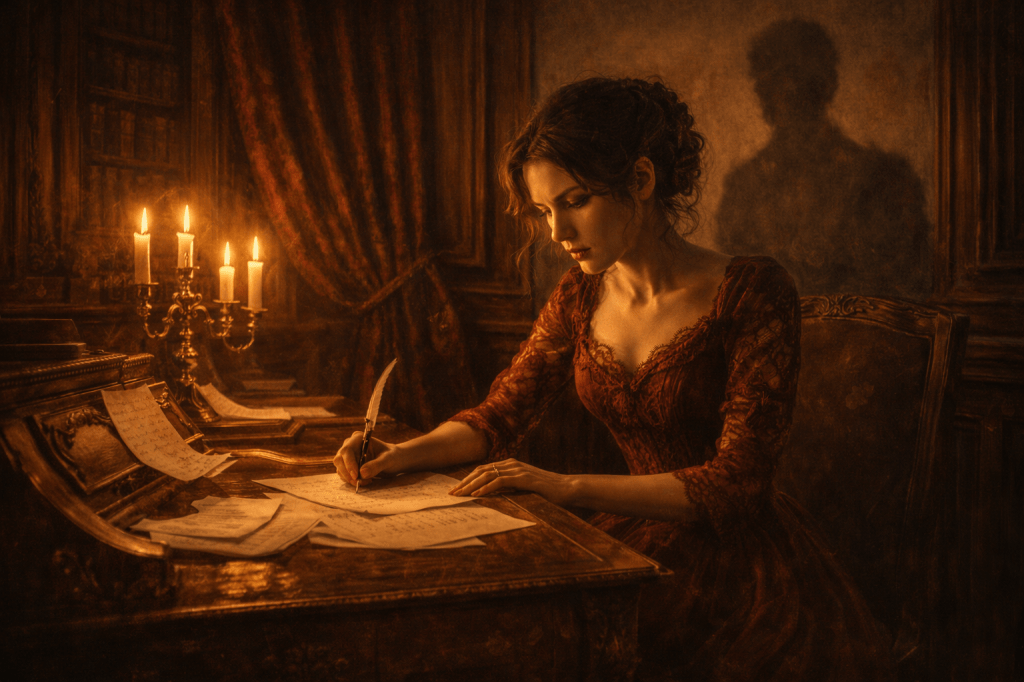 HORIZONTAL CINEMATIC IMAGE:

A photorealistic, gorgeously shot, cinematic candlelit interior of a richly appointed 19th-century Viennese music room, rendered in the style of a realist oil painting. Ornate wooden paneling lines the walls, with heavy velvet curtains partially drawn in the background. A grand writing desk, carved and polished, sits beneath warm, flickering candlelight.

Seated at the desk is Isolde Krüger, a beautiful Austrian woman in her early 30s with fair skin and dark wavy hair pinned back in a 19th-century style. She wears an elegant crimson gown with lace sleeves. Her face is taut with a mix of defiance, fear, and creative focus as her right hand trembles slightly while writing the final notes of her Requiem.

The desk is cluttered with handwritten manuscript pages, some stacked, some slightly curled or drifting. A golden candlestick holds multiple flickering candles that cast long shadows across the parchment and her hands. Behind her, the shadow of an unseen man—Leopold von Drachmann—darkens the wall ominously, his presence implied but never fully revealed.

The atmosphere is tense, tragic, and emotionally charged, as if the very room holds its breath. Shadows around her flicker unnaturally, suggesting something watching, waiting. This is a moment of artistic brilliance and mortal danger, suspended in time.
