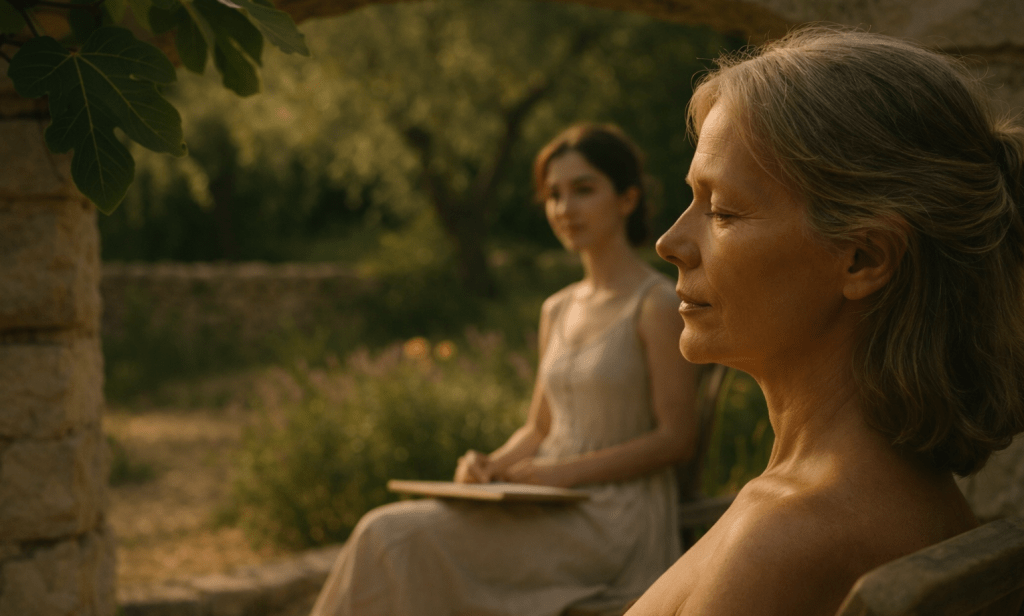 HORIZONTAL CINEMATIC IMAGE.

A photorealistic, cinematic scene set in a sun-warmed Provençal garden beneath an ancient stone archway.

In the foreground, Margaux Séverin is framed from the neck up, seated in a weathered wooden chair. She is shown in profile or three-quarter profile, her face softly lit by late-afternoon golden light filtering through fig leaves. Her expression is calm, settled, and unguarded — eyes closed or gently unfocused, jaw relaxed, breath visible in the stillness of her posture.
Her hair is loosely pulled back, natural and unstyled, catching warm highlights. The image emphasizes age with dignity: subtle lines, lived-in skin texture, quiet authority rather than ornamentation.

Margaux is not posing, not aware of the camera as audience. She is simply resting.

In the background, beneath the same stone arch but softly out of focus, Léa Delmas is visible at a respectful distance. Léa is seated or standing quietly, her pale linen dress consistent with earlier scenes, her posture attentive but restrained. A sketchbook may rest closed or idle in her lap or at her side — present, but not in use.
Léa’s presence is perceptible but unobtrusive: she is watching Margaux without framing, capturing, or directing the moment.

Depth of field clearly privileges Margaux’s face and stillness, while Léa dissolves slightly into the garden atmosphere. The viewer’s perspective aligns with Margaux, not with Léa — sharing her space rather than observing her.

The environment is softly blurred: lavender, olive trees, and warm stone dissolve into muted greens and golds. No modern objects are visible. No overt gestures. No eye contact between the women.

Lighting is natural golden hour, warm and directional.
Lens equivalent: 35–50mm, cinematic realism, shallow but controlled depth of field.

Tone: intimate, contemplative, ethical.
Theme: being seen without being taken; trust without exposure.

INTENT OF THE IMAGE

To introduce Margaux Séverin as a presence rather than a body, foregrounding stillness, age, and autonomy, while positioning Léa Delmas as a quiet witness — reinforcing the female gaze as attentive companionship rather than authorship or claim.