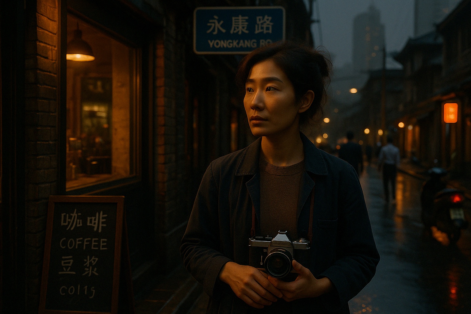 A cinematic realism depiction of a Shanghai street at dusk, damp from an earlier rain, with pavement reflecting the soft glow of streetlights and neon signs. Standing just outside the entrance of a small café is Liang Ruiwen (梁瑞文), a 34-year-old Chinese woman. She has slightly wavy dark brown hair, loosely gathered into a bun with stray strands escaping, framing her contemplative face. Her deep, focused eyes watch something—or someone—on the other side of the street. She wears a simple, earth-toned wool sweater layered beneath a slightly creased navy-blue trench coat, showing signs of long hours of walking through the city. A vintage film camera hangs naturally from her neck, its strap worn and softened by use, resting just against her chest. Her fingers rest lightly on the camera’s body, as if debating whether to lift it, waiting for a moment she isn’t sure is ready to be captured. Behind her, the small café is warmly lit, its chalkboard menu written in messy Mandarin characters listing coffee and 豆浆 (soy milk) in smudged white chalk. The air carries the scent of roasted beans and faint traces of rain. Near her feet, the neon reflection of a taxi meter flickers the number 8 across the wet pavement. To enhance the Shanghai authenticity, the street now includes more distinctly Shanghai architecture—low-rise lane houses with tiled roofs and modern high-rises peeking from a distance. A blue Shanghai street sign with pinyin is visible, reinforcing the location. Additional small street elements, such as a few pedestrians in business casual and a parked scooter near the café, add to the vibrancy of the scene. She isn’t in a hurry. She isn’t lost. She’s simply noticing.