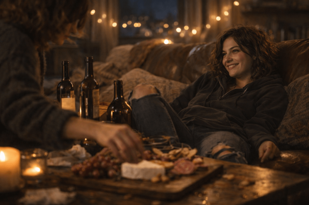 HORIZONTAL CINEMATIC IMAGE — INTIMATE PRESTIGE REALISM

A horizontal, photorealistic cinematic still set inside the same cozy, candlelit apartment at night. The room glows with warm amber light from scattered candles and soft string lights. Outside the windows, deep blue-black night presses gently against the glass.

Foreground / Right — Lira Vexley:
Captured in a medium shot as she flops sideways into the couch cushions, mid-collapse. Her body is relaxed, loose, unapologetic — one leg bent, shoulders sinking into the sofa. She wears her dark hoodie and ripped jeans, hair slightly wild from motion. Her expression is openly mischievous, satisfied, and expectant — eyes turned toward Veda, not the camera — like someone who has arrived expressly to cause low-grade havoc.

Her hands have just released two wine bottles onto the coffee table in front of her. The bottles rest unevenly, one still gently rolling, catching candlelight along the glass.

Midground / Left — Veda Thorne:
Partially in frame, slightly out of focus or cropped at the shoulder or torso. Veda leans over the coffee table, carefully rearranging a cheese board with near-reverence. She wears her dark cable-knit sweater and cuffed jeans, sleeves pulled over her hands. Her posture is meticulous, intent — clearly treating the cheese arrangement with seriousness bordering on devotion.

Her expression suggests restrained irritation mixed with fond resignation.

Environment & Details:
The coffee table is cluttered: brie, crackers, grapes, salami, crumbs, napkins. Candlelight pools across the wood grain. Fairy lights blur softly behind the couch. The ancient spellbook rests nearby — closed for now — faint blue light barely leaking from its seams, unnoticed in this moment.

Camera & Mood:
Medium shot, eye-level or slightly low. Natural motion blur implied in Lira’s landing, contrasted with Veda’s stillness. Shallow depth of field. Cinematic warmth balanced with subtle cool shadows. No posing, no stylization — this feels caught, not staged.

Emotional Tone:
Playful disruption. Domestic intimacy. The quiet certainty that chaos has just arrived and is very comfortable here.

Style Constraints:
Photorealistic. Natural skin texture. Soft candlelit shadows. No exaggerated magic effects. No direct eye contact with the camera.