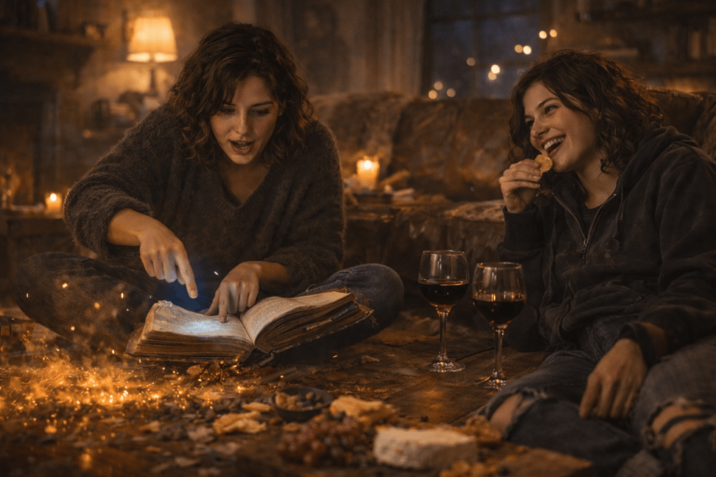 HORIZONTAL CINEMATIC IMAGE — INTIMATE PRESTIGE REALISM

A horizontal, photorealistic cinematic still set inside a cozy but tension-thick living room at night. The room is warmly lit by flickering lamplight and scattered candles, with soft string lights glowing in the background. Outside the windows, deep blue-black night presses gently against the glass.

Foreground / Center — Veda Thorne

Veda sits cross-legged on the wooden floor, hunched forward over an ancient, battered spellbook resting in her lap. She wears her dark cable-knit sweater with sleeves partially covering her hands and cuffed jeans. One hand flips furiously through the book’s thick, yellowed pages while the other jabs triumphantly at a specific passage, as if she has finally found something important.

Her posture is tense and focused, shoulders drawn in with urgency. Her expression is intense and determined — brows knit, mouth slightly open mid-realization — fully absorbed in the task of undoing the magical disaster.

The spellbook is visibly worn: cracked leather binding, uneven page edges, faint arcane markings etched into the paper. A subtle cool glow emanates from the open page, illuminating her fingers.

Magical Environment

Nearby on the floor, the remnants of a magical mishap linger: a faintly glowing puddle or residue emitting soft golden sparks. The sparks drift lazily upward through the warm air, catching the lamplight as they float, suggesting magic that is unstable but not violent — inconvenient, persistent, and ticking.

Midground / Right — Lira Vexley

Across from Veda, Lira lounges casually on the floor amid a chaotic scatter of snacks. She wears a dark hoodie and ripped jeans, her posture relaxed and unconcerned despite the situation. Her wavy, slightly wild hair frames her face as she grins with playful disbelief.

She holds a fistful of chips halfway to her mouth, frozen mid-snack, clearly amused by Veda’s frantic energy. Her eyes are turned toward Veda — not the camera — radiating a mix of fondness, sarcasm, and “this is bad, but also hilarious.”

Props & Grounding Details

Between them and slightly to the side:

Two wine glasses rest firmly on the wooden floor, their bases clearly visible

The glasses cast soft oval contact shadows beneath the stems

The glass catches warm candlelight along the rim and bowl

Wood grain beneath the bases remains visible, anchoring them spatially

Snacks are scattered casually: crumbs, crackers, cheese remnants, grapes, napkins — evidence that this was supposed to be a relaxed night.

Camera & Mood

Medium-wide framing at a low, intimate angle, close to floor level. Shallow depth of field keeps the focus on the women while the background glows softly. No stiff posing — the scene feels caught mid-moment.

Color grading balances warm amber highlights with subtle cool magical accents. Natural skin texture, realistic fabric detail, soft shadows.

Emotional Tone

Desperate humor. Domestic chaos. Two best friends racing against a magical clock armed with snacks, sarcasm, and stubborn determination.

Style Constraints

Photorealistic, cinematic realism. No exaggerated fantasy effects. No glamour styling. No direct eye contact with the camera. Subtle magic only — grounded, believable, and inconvenient.