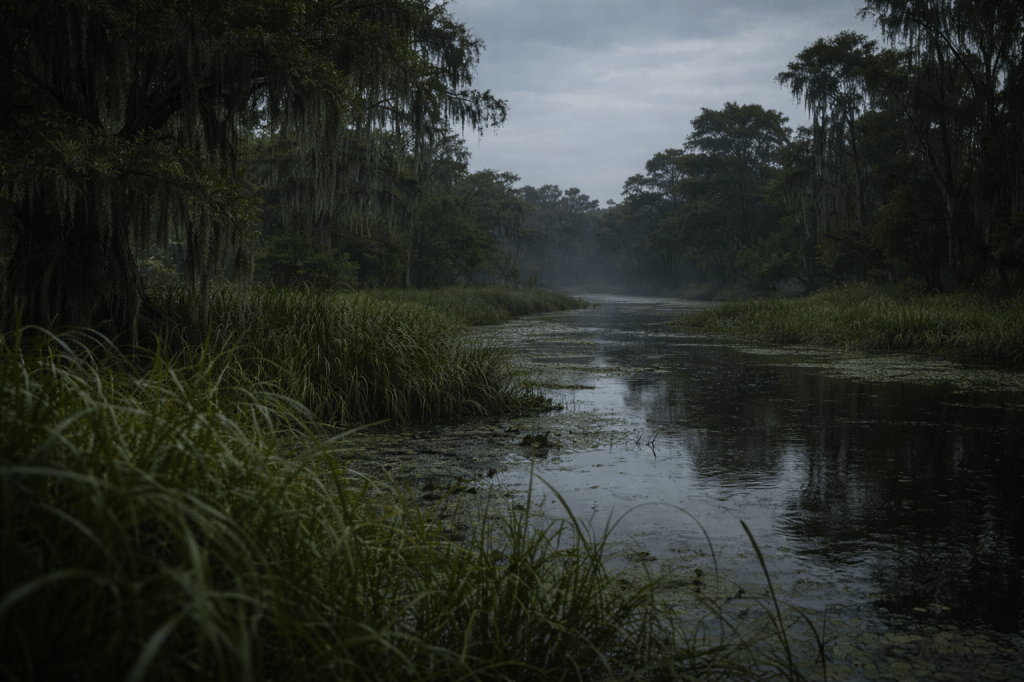 LUMIVORE V1 — LANDSCAPE PASS
BAYOU LAND — EARLY / PATIENT / ORDINARY
IMAGE TYPE
Naturalistic photographic realism.
No stylization. No cinematic exaggeration.
SCENE
A quiet stretch of rural Louisiana bayou landscape.
Marshy ground with still water, reeds, low grasses, and cypress trees in the background.
Spanish moss hangs loosely from branches.
The land feels humid, flat, and lived-in — not dramatic, not pristine.
This is not a “beautiful” landscape.
It is an ordinary place that has existed for a long time.
TIME & WEATHER
Overcast daylight or very soft early morning light.
Humidity is present and visible in the air.
Light is diffuse, muted, and neutral.
No strong shadows. No golden-hour glow.
ATMOSPHERE
Air is thick and heavy.
Very light mist or haze may be present, but it must read as environmental humidity — not fog, not symbolism.
Nothing in the frame signals danger or mysticism.
COMPOSITION
Eye-level camera perspective.
Medium-wide framing.
No dramatic angles.
The horizon is low and understated.
The camera feels stationary, as if someone stopped briefly and did not compose deliberately.
COLOR & TONE
Muted greens, browns, grays.
Natural, unsaturated palette.
No color grading meant to enhance mood.
SUBJECT RULES
No people.
No animals.
No boats, houses, or human structures in focus.
No symbolic objects.
The land is present, not performing.
EMOTIONAL REGISTER
Patient.
Neutral.
Uninterested in the viewer.
The image should feel like a place that does not react to being seen.
EXPLICIT EXCLUSIONS
No cinematic lighting
No dramatic sky
No mythic or gothic framing
No visual foreshadowing
No beauty-as-spectacle
FINAL INTENT STATEMENT (FOR THE MODEL)
This image does not explain the land.
It records that the land was already here.