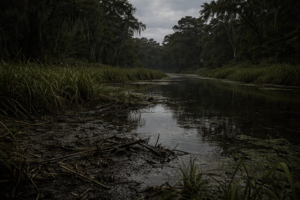 LUMIVORE V1 — LANDSCAPE PASS
BAYOU LAND — MID / PRESSURE / UNSETTLED
IMAGE TYPE
Naturalistic photographic realism.
No stylization. No cinematic dramatization.
SCENE
A different section of the same rural Louisiana bayou region.
The land feels closer, tighter, less open than before.
The ground is uneven.
Water edges are indistinct.
Mud, reeds, and roots intrude into the frame.
This is not a new place — it is the same land under different conditions.
TIME & WEATHER
Daylight, but later in the day than Landscape I.
Light is heavier, flatter, and more oppressive.
Cloud cover is thicker.
The air feels stagnant rather than calm.
No storms. No rain.
Just weight.
ATMOSPHERE
Humidity is palpable.
The air presses down rather than drifts.
No mist.
No fog.
Instead:
dense air
reduced visibility from moisture
heat without relief
The frame should feel uncomfortable to stand in.
COMPOSITION
Slightly lower camera position than Landscape I — closer to ground level.
Framing is tighter, more enclosed.
Foreground elements intrude:
grass
roots
reeds
dark water edges
The camera feels hemmed in, not observant.
COLOR & TONE
Muted greens darkened toward olive and brown.
Grays lean heavier, duller.
No warmth.
The palette should feel compressed, not expressive.
SUBJECT RULES
No people.
No animals.
No visible structures.
However:
signs of disturbance are acceptable (shifted mud, broken reeds, water marks)
Nothing explains why the land feels unsettled.
EMOTIONAL REGISTER
Uneasy.
Pressurized.
Impatient.
The land does not threaten.
It waits under strain.
EXPLICIT EXCLUSIONS
No symbolic framing
No dramatic weather
No gothic exaggeration
No visual metaphors
No foreshadowing cues
This is not danger.
This is pressure accumulating.
FINAL INTENT STATEMENT (FOR THE MODEL)
This image shows the same land as before —
only now it feels heavier to stand in.
The land has not acted yet.
But it is no longer neutral.