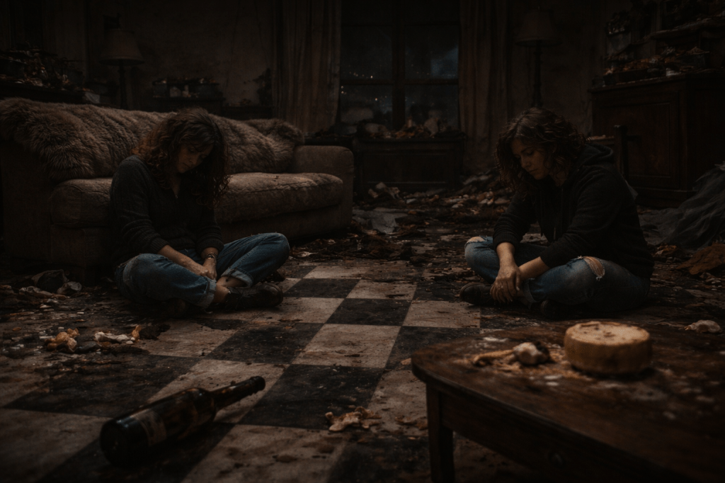 LUMIVORE HARD CRASH / BLACKOUT CONSTRAINT — “THE MAGIC CUTS OUT”

FORMAT: Horizontal cinematic still
MODE: Prestige realism returning after overload
TIME: Night (seconds after collapse)
CAMERA: Locked-off, eye-level or slightly high; static
DEPTH: Deep focus or neutral depth — no distortion

INTENT LOCK (CRITICAL)

This frame is not dramatic.
It is the absence of drama after too much has happened.

No motion. No spectacle. No humor foregrounded.
The power has dropped out.

ENVIRONMENT LOCK

Same apartment interior, now physically intact but damaged

Ceiling returned to normal — cracked, stained, slumped in places

Checkerboard floor flat again, scorched or warped in patches

Furniture grounded, displaced, overturned, or misaligned

Warm lights mostly out; one dim practical light remains (lamp, candle stub, or hallway spill)

No surreal warping. No floating. No magical exaggeration.

MAGIC STATE

No active magic

No sparks

No glow

Only residue: scorch marks, sticky stains, ash, melted wax, damp wine

Magic has burned itself out.

SIGNATURE OBJECTS (AFTERMATH ONLY)

Couch back on the floor, inert, fur singed or rumpled

Brie slumped on the table or floor, legs gone, partially melted

Wine bottle shattered or empty, wine soaked into wood or tile

Ritual snacks scattered, crushed, trampled

Everything reads as embarrassingly mundane again.

CHARACTER BLOCKING

Veda Thorne: seated on the floor or couch, slumped, arms resting uselessly; head lowered or tilted back in stunned silence

Lira Vexley: nearby but still, posture deflated; grin gone; hands resting idle

They are not looking at each other.
They are not looking at the camera.
They are simply there.

EMOTIONAL TONE

Shock aftermath.
Adrenaline crash.
The quiet after laughing too hard — when the room smells burnt and no one knows what to say.

This is where comedy becomes consequence.

COLOR & LIGHT

Muted, desaturated palette

Soft shadows

Low contrast

No golden glow

No heightened color accents

This frame should feel tired.

STYLE CONSTRAINTS

Photorealistic realism

No surreal elements

No dynamic poses

No expressive gestures

No symmetry posing

No direct eye contact

No “cinematic hero lighting”

The image should feel like it was taken after everyone stopped performing.

SEQUENCE NOTE

This frame must immediately follow Peak Spiral.
It functions as a visual full stop.

If Peak Spiral was noise,
this is ringing ears.