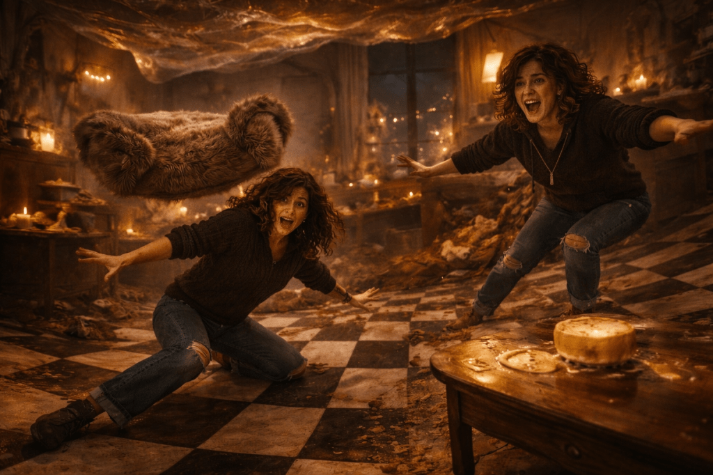 LUMIVORE PEAK SPIRAL CONSTRAINT — “REALITY LOSES COMPOSURE”

FORMAT: Horizontal cinematic still
MODE: Photorealistic surrealism (prestige realism under collapse)
TIME: Night
CAMERA: Wide to medium-wide, eye-level or slightly low; observational
DEPTH: Shallow depth of field; distortion increases toward edges

IDENTITY LOCK

Veda Thorne: brown curls, dark cable-knit sweater, cuffed jeans; wide-eyed panic, loss of control

Lira Vexley: wavy, slightly wild hair, dark hoodie, ripped jeans; manic delight, surfing the chaos

Canon faces preserved. Natural skin texture. No glamorization.

ENVIRONMENT LOCK

Familiar apartment interior actively warping

Ceiling sagging downward like softened plaster or drooping bubblegum

Walls subtly rippling outward, as if reality has weight

Checkerboard floor tilting and shifting but still physically present

Warm candlelight and string lights stretched and distorted

SIGNATURE SURREAL ELEMENTS (LIMITED — DO NOT ADD MORE)

Couch-Cat: fur-covered couch floating slowly through the room, curled like a lazy cat, faintly purring

Dancing Brie: round of brie with tiny legs tap-dancing on the coffee table, leaving faint melted footprints

(No winged objects. No random transformations. No additional surreal gags.)

MAGIC LOCK

Golden sparks drifting lazily through the air

Ambient magical hum; instability without explosions

Surreal effects feel domestic, inconvenient, and physically present

CHARACTER BLOCKING

Veda: arms outstretched, struggling to balance, frozen between panic and disbelief

Lira: riding the shifting floor with arms spread, grinning in exhilaration

Characters react to the environment or each other — never the camera

TONE LOCK

Hilarious catastrophe. Friendship under strain.
The exact moment where control is completely lost — and someone is enjoying it.

STYLE CONSTRAINTS

Photorealistic surrealism
No cartoon physics
No floating objects without weight or logic
No symmetry posing
No direct eye contact
Surrealism must be emotionally earned and story-specific

SEQUENCE NOTE

This frame represents Peak Spiral.
It must be followed by a crash, blackout, or quiet aftermath.