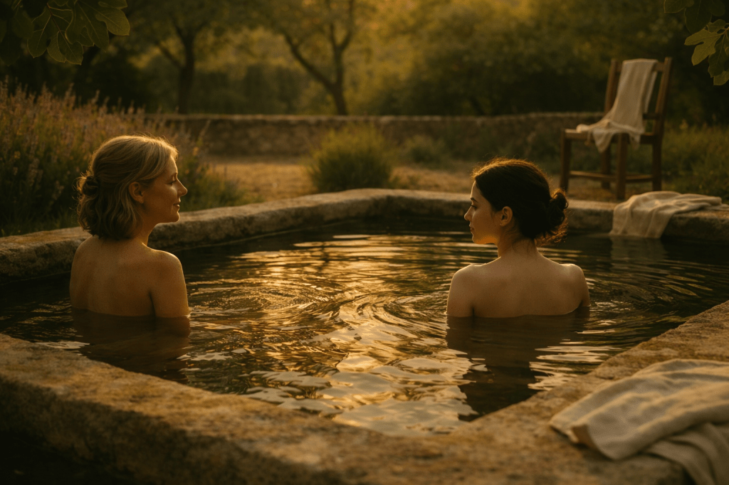 A photorealistic, cinematic scene of two adult women bathing together in a large, rustic stone water basin set outdoors in a quiet Provençal garden at golden hour.

The basin is wide and deep enough to comfortably hold both women at once, carved from pale, weathered stone with softened edges, visibly aged but well cared for. The water sits just below the rim, gently rippling, catching warm amber light. Subtle concentric ripples overlap where their bodies meet the water, emphasizing calm coexistence rather than movement.

The women face one another inside the basin, seated naturally, knees bent, bodies relaxed. Their posture is unposed and intimate in a restrained, everyday way — no overt sensuality, no theatrical gestures. Their expressions are soft, reflective, and calm, suggesting trust, familiarity, and shared quiet rather than conversation.

They wear simple linen bathing dresses or slips in muted natural tones (warm cream, soft beige), slightly darkened where the fabric meets water. Skin tones are natural and realistic, with gentle highlights from the low sun. Hair is loosely tied back or softly falling, practical and unadorned.

The environment is a sun-warmed garden with lavender, olive trees, and tall grasses surrounding the basin. A wooden chair nearby holds folded linen towels, casually placed, reinforcing that the space is meant for use and shared presence. No modern elements are visible.

Lighting is golden-hour natural light, warm and directional, filtering through leaves, creating soft shadows and a tranquil, painterly atmosphere. The color palette leans toward honey golds, mossy greens, and stone neutrals.

Shot on a 35–50mm lens, eye-level perspective, shallow depth of field. The focus is crisp on the women and the basin, with the garden gently blurred behind them. The overall tone is cinematic, understated, and grounded — A24-style realism, no stylization, no glamour, no fantasy exaggeration.

The image should feel quiet, lived-in, and emotionally balanced, emphasizing shared space, mutual presence, and calm intimacy without spectacle.