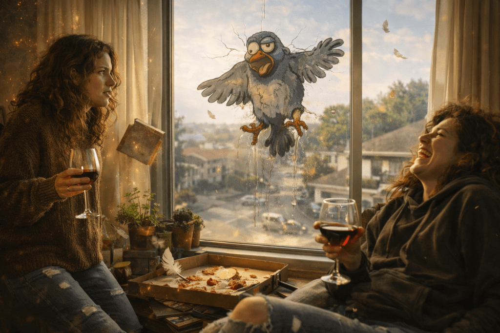 ANIMATED–LIVE HYBRID IMAGE 03
WINDOW IMPACT — VERSION B.1 (GRAVITY ASSERTS ITSELF, APARTMENT ELEVATION LOCKED)

HORIZONTAL CINEMATIC IMAGE — 16:9 — PRESTIGE MAGICAL REALISM — INTERIOR HYBRID CONSEQUENCE (TIME & GRAVITY)

A cinematic, photorealistic, gorgeously lit interior scene set inside a cozy, sunlit suburban apartment several floors above street level, still buzzing with lingering magical residue that is now slowly settling.

FOREGROUND / INTERIOR — TWO WOMEN, EVOLVED REACTION
Left — Veda Thorne (Canonical Physical Lock)

Veda Thorne stands rigid near the window, posture tight, weight subtly shifted back as if bracing for something she knows cannot be avoided.

She has shoulder-length, softly waved brown hair, natural and slightly frizzed from residual magic. Her features are realistic and unstyled — no glamour, no exaggeration — expressive eyes carrying thought before emotion.

She wears an oversized, earth-toned cable-knit sweater, sleeves half covering her hands, and cuffed, ripped jeans. Her presence is grounded, observant, quietly strained.

One hand grips a glass of red wine, now steadier, the spill mostly stopped.
The other holds her phone, screen dimmed mid-search, forgotten.

Her eyes are locked on the window — not shocked anymore, not panicked — processing consequences, cleanup, and responsibility.

This is not fear.
This is acceptance.

Right — Lira Vexley (Canonical Lock)

Lira lounges sideways on the couch, relaxed to the point of irresponsibility.

She wears a messy oversized dark hoodie and ripped jeans, one leg tucked beneath her. Her wavy, slightly wild hair frames a reckless grin that has softened from explosive laughter into breathy, lingering amusement.

She is mid-laugh — quieter now — catching her breath. Her wine glass wobbles dangerously in her hand, liquid hovering near the rim.

She is watching the window.

Not worried.
Just curious.

MIDGROUND — INTERIOR MAGIC RESIDUE (SETTLING)

The apartment is warm, cluttered, and lived-in:

Potted plants crowd the windowsill, leaves catching drifting dust

An open pizza box sits on the coffee table, a single cartoon feather barely shifting with air movement

Scattered books and notes suggest frantic, unfinished research

Behind Veda’s shoulder, a magical spellbook floats upside down, glowing faintly — lower than before — its hum reduced to an unstable murmur.

Golden magical sparkles are fewer now, drifting downward instead of swirling.

A small, shimmering crack in the ceiling pulses once… then dims.

BACKGROUND / WINDOW — GRAVITY TAKES OVER

Outside the large apartment window (single clear glass pane, no center bar), the exterior view drops away noticeably:

Rooftops, treetops, and the tops of parked cars are visible below, reinforcing the apartment’s height above the neighborhood. Morning sunlight washes the scene in warm gold.

Pressed against the glass is a 1950s-style animated cartoon pigeon, still pancaked completely flat — but no longer static.

THE MOTION (CRITICAL):

The pigeon has slid slightly downward from its original impact point

Its flattened body stretches unevenly, leaving a faint cartoon smear trail

One wing has slipped lower than the other

Its beak drags against the glass, tongue lolling, eyes unfocused

One cartoon impact crack has subtly widened

The pigeon remains visually flat and hand-painted with bold black outlines and worn vintage color, while the glass behaves realistically:

Reflections warp along the pigeon’s slow descent

Light bends through the distorted smear

A faint interior reflection of Veda’s face overlaps the pigeon’s body, visually merging consequence and cause

Outside, the last few cartoon feathers drift downward slowly, catching the golden light.

LIGHT, TIME & TONE

Warm sunlight still fills the room — but the energy has changed.

Dust, sparkles, and feathers move downward, not chaotically.
The magic is no longer expanding.

It is settling.

Tone: warm, hilarious, uneasy, consequence-laden
Style: cinematic, observational, restrained magical realism
No parody. No escalation. No cleanup yet.
The magic already happened. Physics remains.

Correct the window pigeon to emphasize discomfort and time passage:

Shift the pigeon lower in the window, no longer centered

Stretch the flattened body unevenly downward, with one wing hanging significantly lower than the other

Elongate the smear trail to show several seconds of sliding already occurred

Make the face asymmetrical and unfocused — one eye drifting, expression slack rather than cute

Break the impact cracks irregularly; avoid clean or decorative symmetry

Reduce charm: the pigeon should look inconvenienced, stuck, and gravity-worn, not playful

Reduce magical prettiness:

Fewer sparkles, heavier dust

All motion trends downward, not floating

Goal:
The pigeon should feel mid-failure and uncomfortable, not framed as a visual gag.
The humor should come from inevitability, not cuteness.