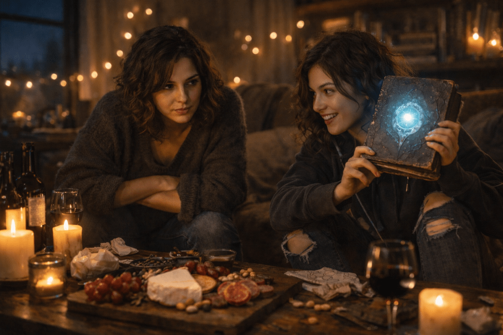 HORIZONTAL CINEMATIC IMAGE — PRESTIGE FILM REALISM

A horizontal, photorealistic cinematic still set inside a cozy, dimly lit apartment at night. The atmosphere is intimate, warm, and slightly chaotic, lit only by candles and soft string lights. Outside the windows, the sky is a deep blue-black, signaling late evening.

Two young women sit barefoot on the floor, leaning close to a cluttered wooden coffee table between them.

Left — Veda Thorne:
Veda wears a dark cable-knit sweater with sleeves slightly covering her hands and cuffed jeans. She leans forward with a skeptical, focused expression, her posture grounded and thoughtful. Her brown curls catch the warm candlelight, and her gaze is fixed on the woman beside her — observant, cautious, and quietly intrigued.

Right — Lira Vexley:
Lira lounges more casually, wearing a dark hoodie and ripped jeans. Her wavy hair is slightly wild, catching glints from the string lights behind her. She holds an ancient, dusty leather-bound spellbook in both hands, angled toward Veda. The spellbook hums faintly, its weathered cover emitting a subtle, cool blue glow etched with arcane symbols. Lira’s expression is mischievous and delighted — she is smiling directly at Veda, not the camera — as if daring her into trouble.

Environment & Props:
The coffee table is cluttered and lived-in: a rustic charcuterie board with brie, crackers, grapes, and salami; half-drunk wine glasses; a few open wine bottles; crumpled napkins; scattered crumbs. Candles cast warm pools of light across the wood grain, contrasting with the spellbook’s cool glow. Fairy lights sparkle softly in the background, and shelves of books and personal clutter add texture and depth.

Camera & Mood:
Low, wide camera angle at floor level, creating intimacy and immersion. Shallow depth of field with gentle background bokeh from candles and string lights. Cinematic color grading — warm amber highlights balanced against cool blue magical accents. No stiff posing, no glamour styling. The scene feels candid, emotionally grounded, and alive — capturing the exact moment before magic quietly spirals out of control.

Style Notes:
Photorealistic, prestige-film realism. Natural skin texture. Soft candlelit shadows. Subtle atmospheric shimmer in the air. No artificial posing, no exaggerated fantasy effects, no direct eye contact with the camera.
