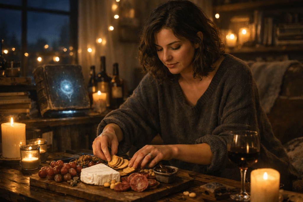 A horizontal, photorealistic, cinematic image set inside a dimly lit, cozy apartment at night. Through the windows, the sky is a deep, rich blue-black, signaling late evening. The room is softly illuminated only by scattered candles and gentle string lights, which cast warm golden pools of light across a slightly messy, lived-in space. At the center, a young woman with natural, relatable beauty — not a supermodel — is carefully arranging a rustic cheese and charcuterie board on a wooden coffee table. She has expressive eyes and wavy, shoulder-length dark brown hair, and she wears an oversized, slightly worn dark gray poet-style sweater that looks cozy and lived-in. Her posture is focused but relaxed, and there’s an authentic, slightly messy quality to her movements as she places crackers delicately around a wedge of creamy brie, surrounded by salami, grapes, and other small bites.

Behind her on a crowded shelf, a battered, ancient spellbook hums faintly, its weathered cover glowing with a subtle, cool blue light — not enough to dominate the scene, but just enough to hint that something quietly magical is present. Nearby, wine bottles catch and shimmer under the soft lights, blending into the rich textures of the room: rustic furniture, old books, and small, personal clutter. The entire atmosphere feels warmly cinematic, tinged with mystery and mischief, as if something unseen is gently stirring in the air. The image should be emotionally rich, grounded, and real — with no stiff posing — capturing the quiet intimacy of a young woman unknowingly surrounded by sleeping magic.