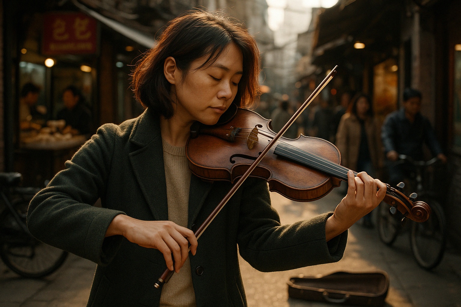 A cinematic realism-style image of Xu Meiling (许美玲), a 32-year-old Chinese woman, playing the violin in a narrow alley in Tianzifang, Shanghai. She has shoulder-length black hair streaked with auburn, naturally tousled and tucked behind one ear. She wears a slightly worn dark green wool coat over a soft beige sweater. A small, scuffed violin case rests at her feet. She holds the violin gracefully, her left hand on the fingerboard and her right hand drawing the bow across the strings. Her eyes are closed, her expression serene as she sways slightly, fully immersed in her music. The warm afternoon sunlight filters through the rooftops, illuminating stray strands of her hair. The background is lively—street vendors selling dumplings, pedestrians passing, bicycles weaving through the alley. The air is filled with the scents of soy sauce, ginger, and roasted chestnuts.