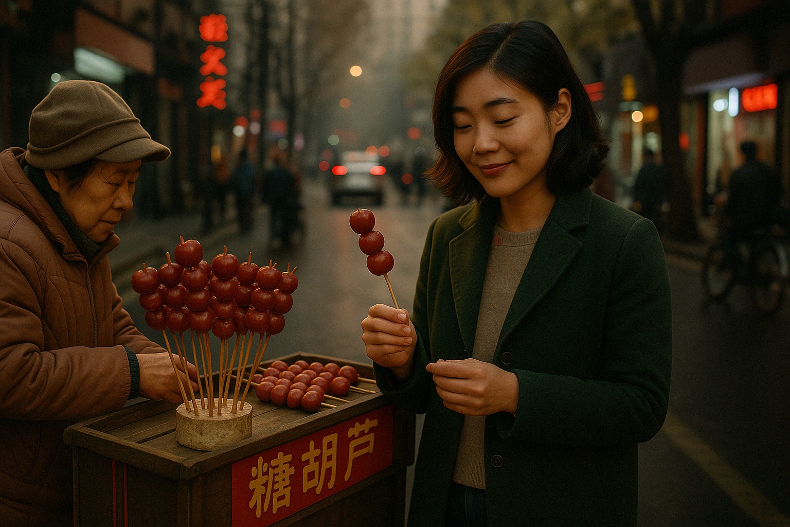 A cinematic realism-style image of Xu Meiling (许美玲), a 32-year-old Chinese woman, on Yunnan Road in Xuhui, Shanghai, buying candied hawthorn from a street vendor. She has shoulder-length black hair streaked with auburn, naturally tousled and tucked behind one ear. She wears a slightly worn dark green wool coat over a soft beige sweater. She holds a skewer of glossy red candied hawthorn, examining it with a gentle smile. The vendor, an elderly woman in a warm jacket, arranges skewers on a wooden cart decorated with bright red banners. The air is filled with the scent of caramelized sugar and bustling street life—people passing by, bicycles weaving through traffic, and neon signs reflecting off damp pavement.