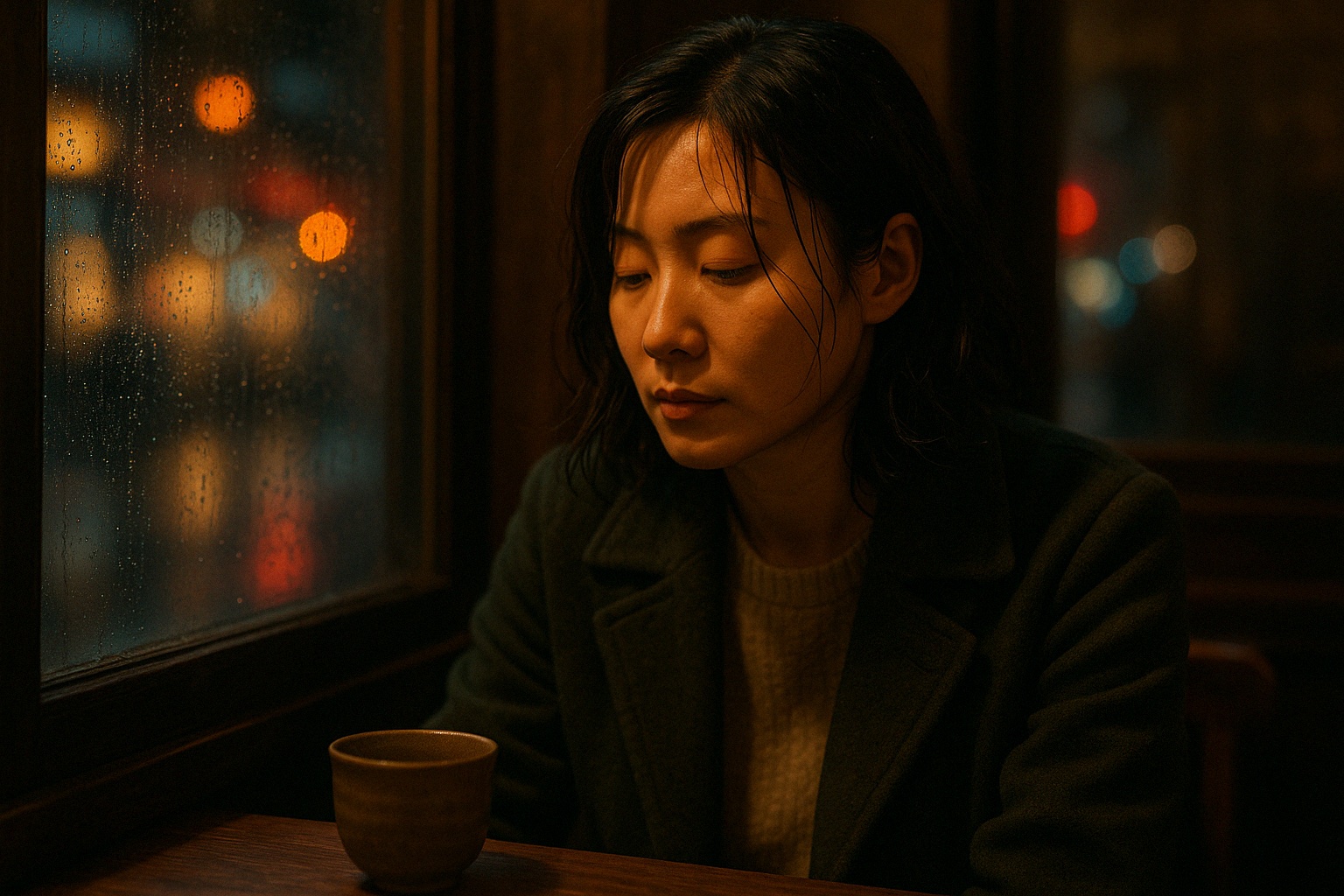 HORIZONTAL IMAGE in the style of cinematic realism: Setting is at night inside a tiny tea house on Nanjing Road in Shanghai. Xu Meiling (许美玲), Chinese woman and 32 years old, sits inside the teahouse by the window, rain-dampened strands of her dark brown hair sticking to her cheek. She has shoulder-length auburn-streaked black hair, naturally tousled, tucked behind one ear. She wears a simple, slightly worn dark green wool coat over a soft beige sweater